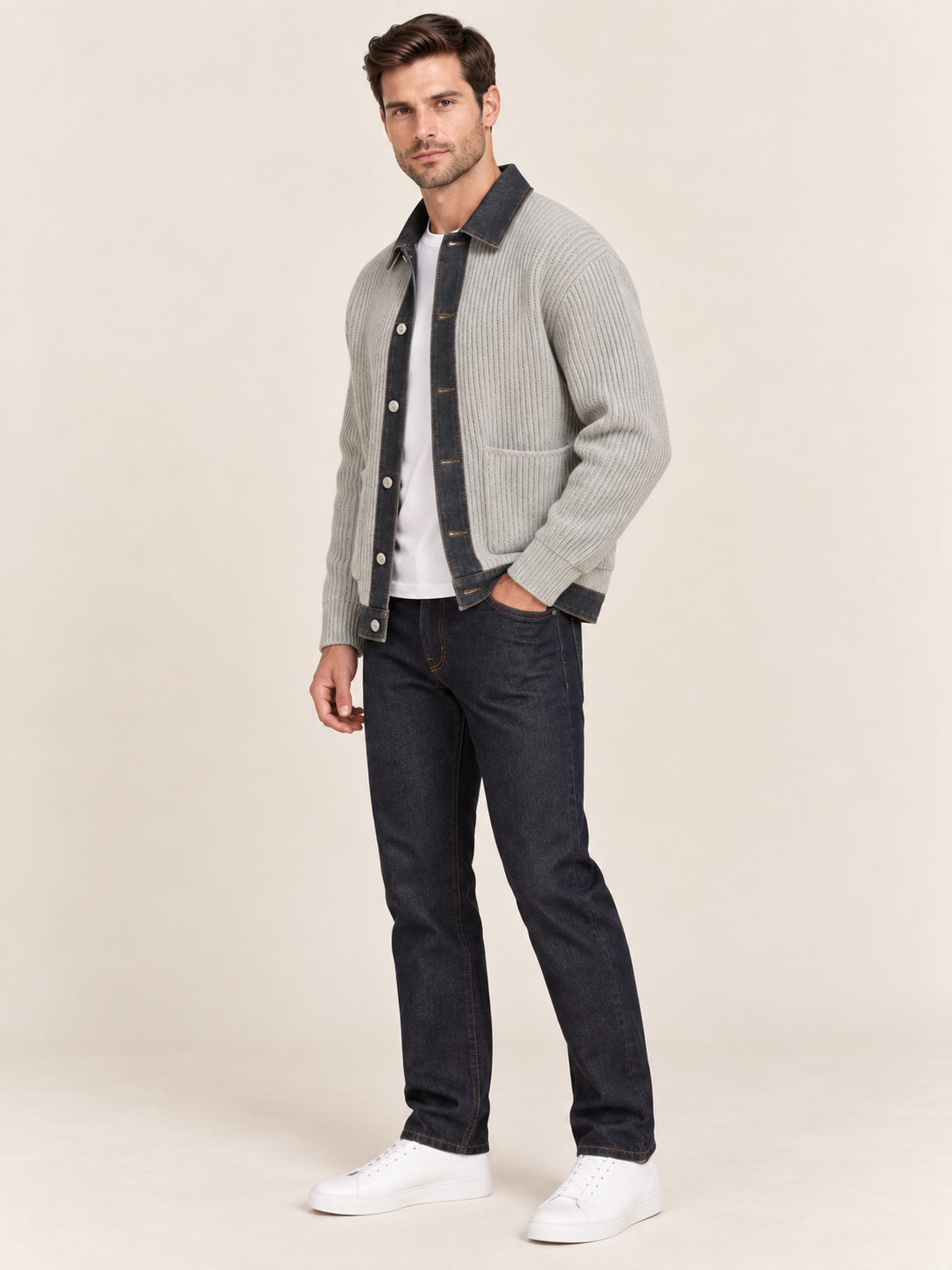 Men's Ribbed Knit Button Cardigan with Denim Trim in Grey, side view