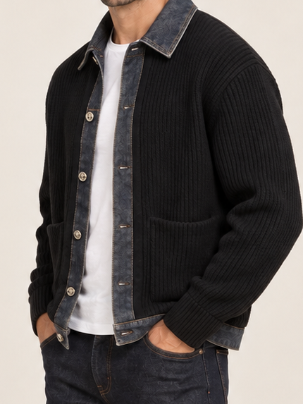 Men's Ribbed Knit Button Cardigan with Denim Trim in Black, worn open