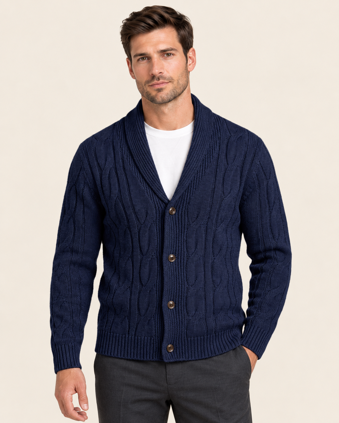 Men's Shawl Collar Cardigan with Braided Cable Knit Front