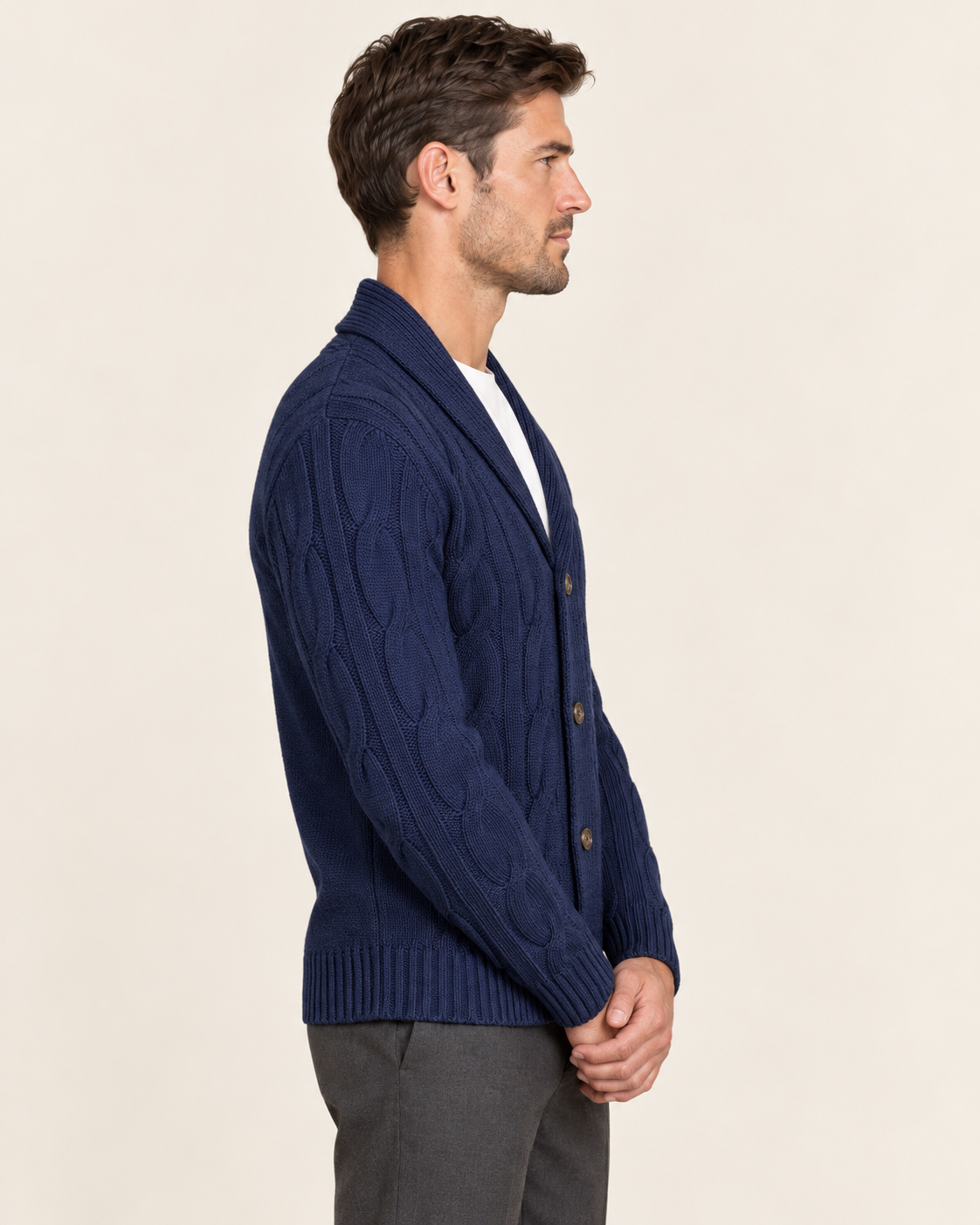 Men's Shawl Collar Cardigan with Braided Cable Knit Front