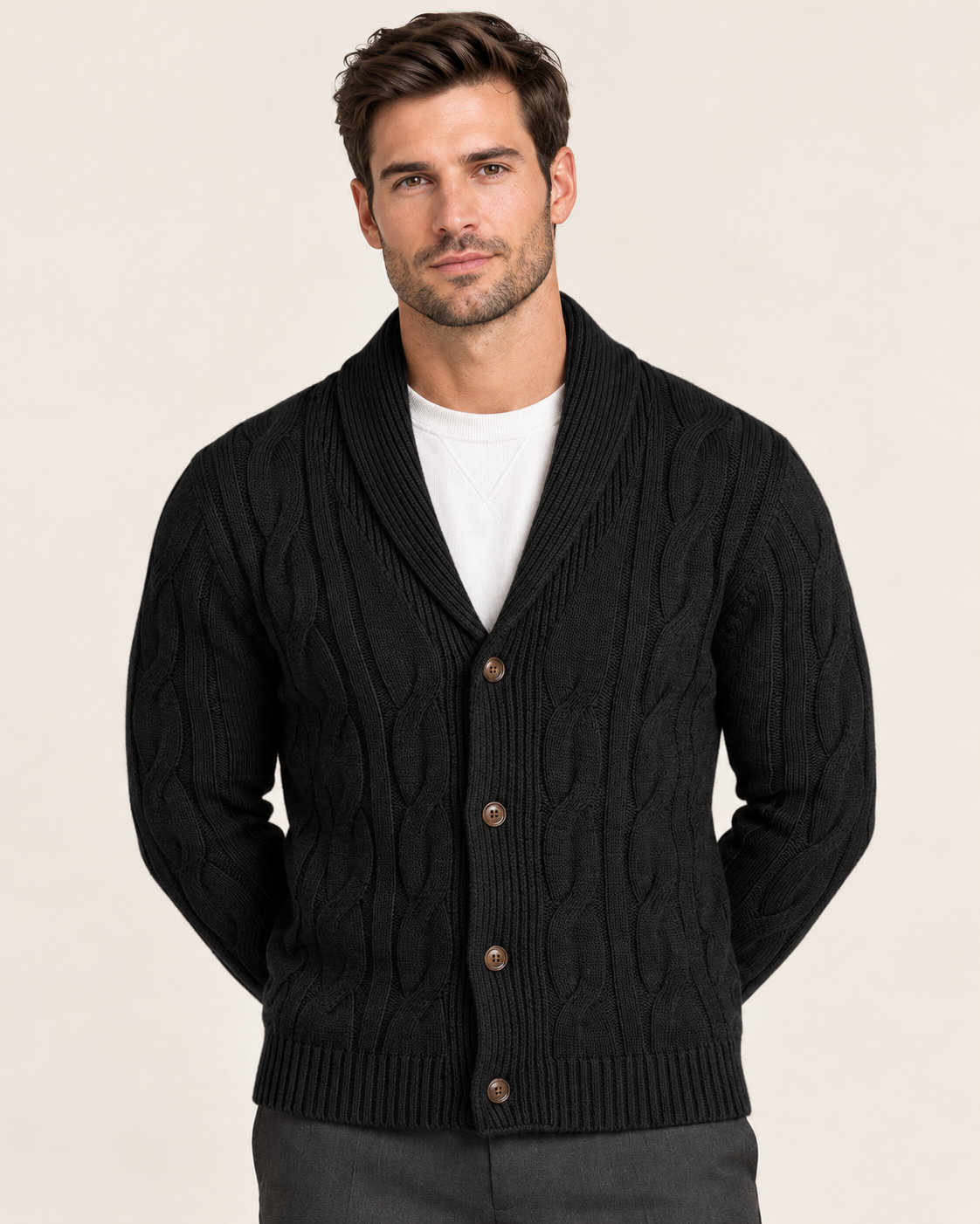 Men's Shawl Collar Cardigan with Braided Cable Knit Front