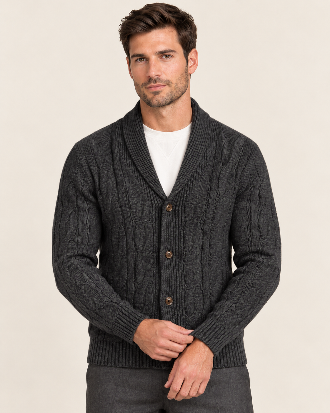 Men's Shawl Collar Cardigan with Braided Cable Knit Front