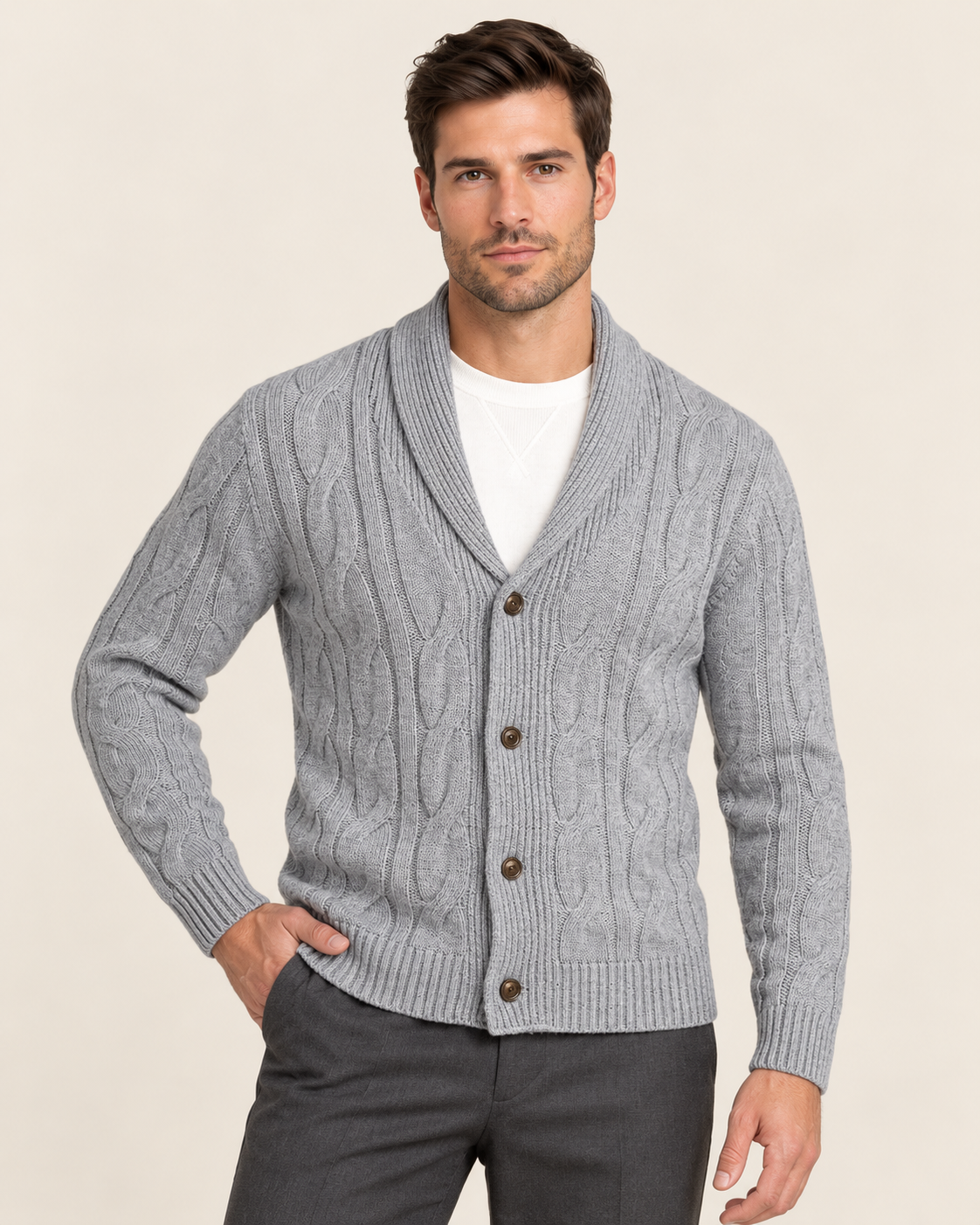 Men's Shawl Collar Cardigan with Braided Cable Knit Front
