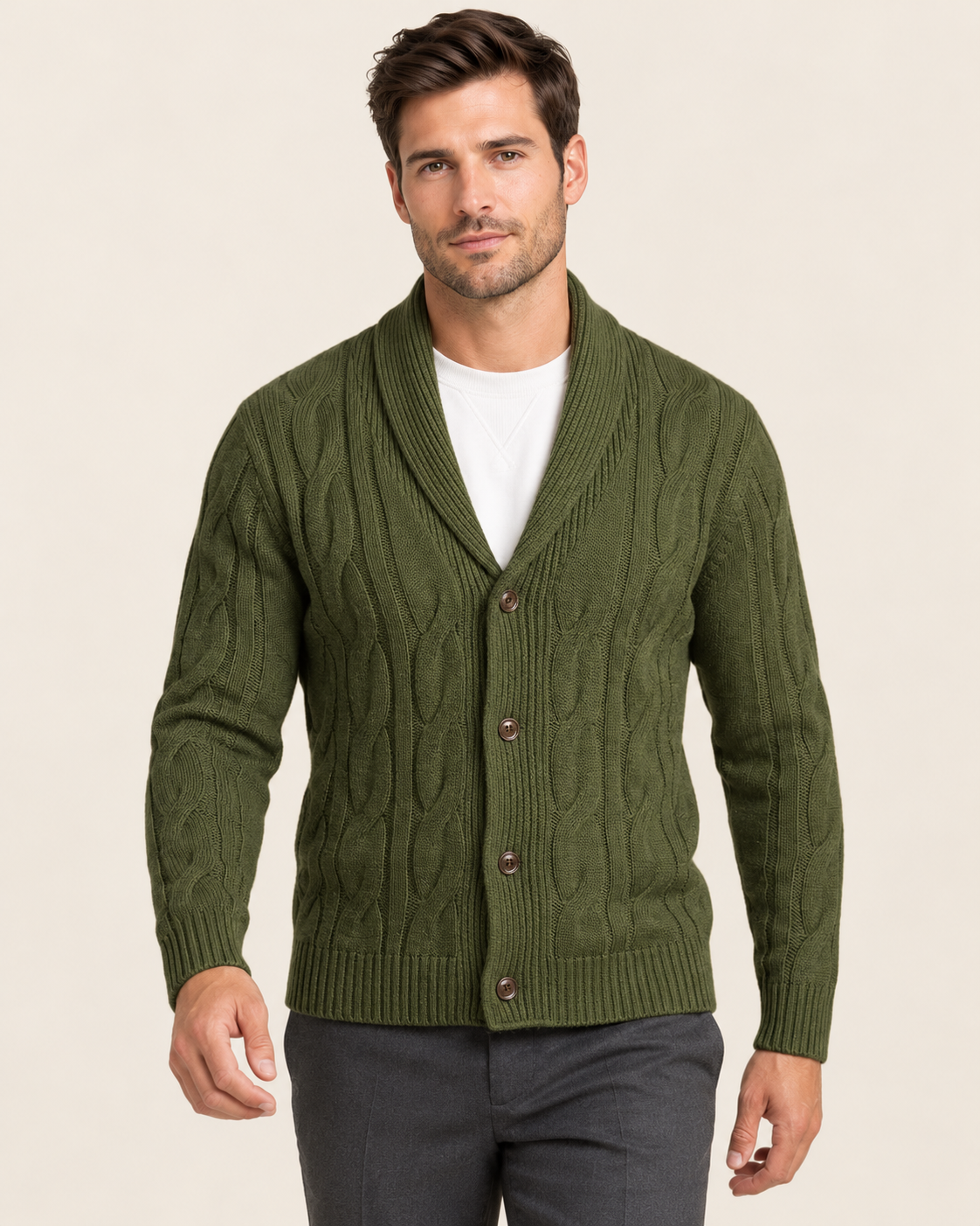Men's Shawl Collar Cardigan with Braided Cable Knit Front