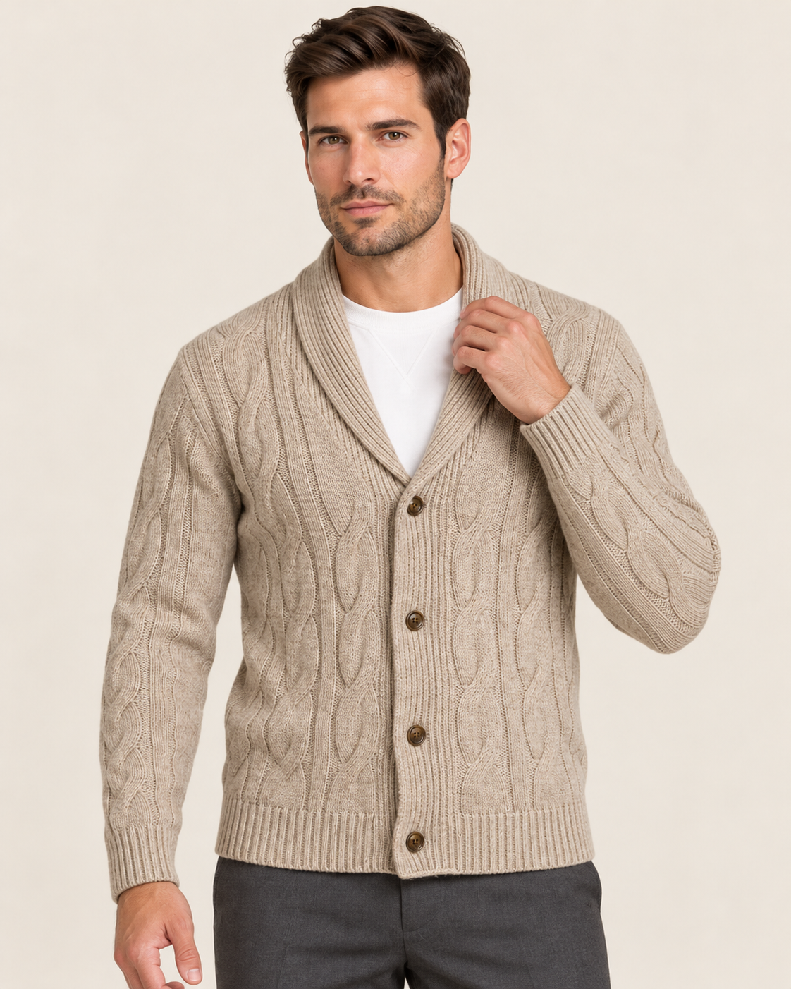 Men's Shawl Collar Cardigan with Braided Cable Knit Front