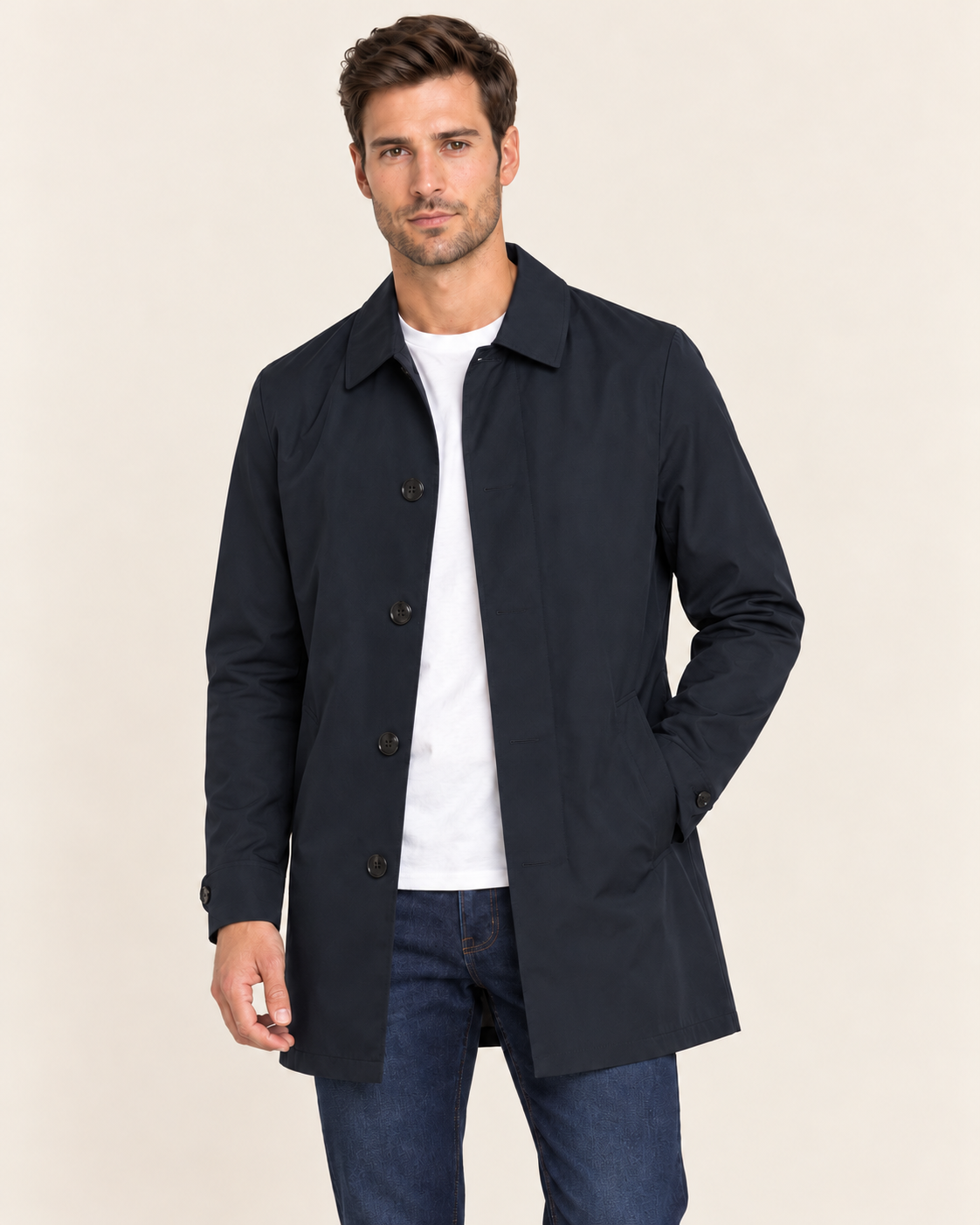 Men's Showerproof Mac Raincoat in Navy with Concealed Buttons