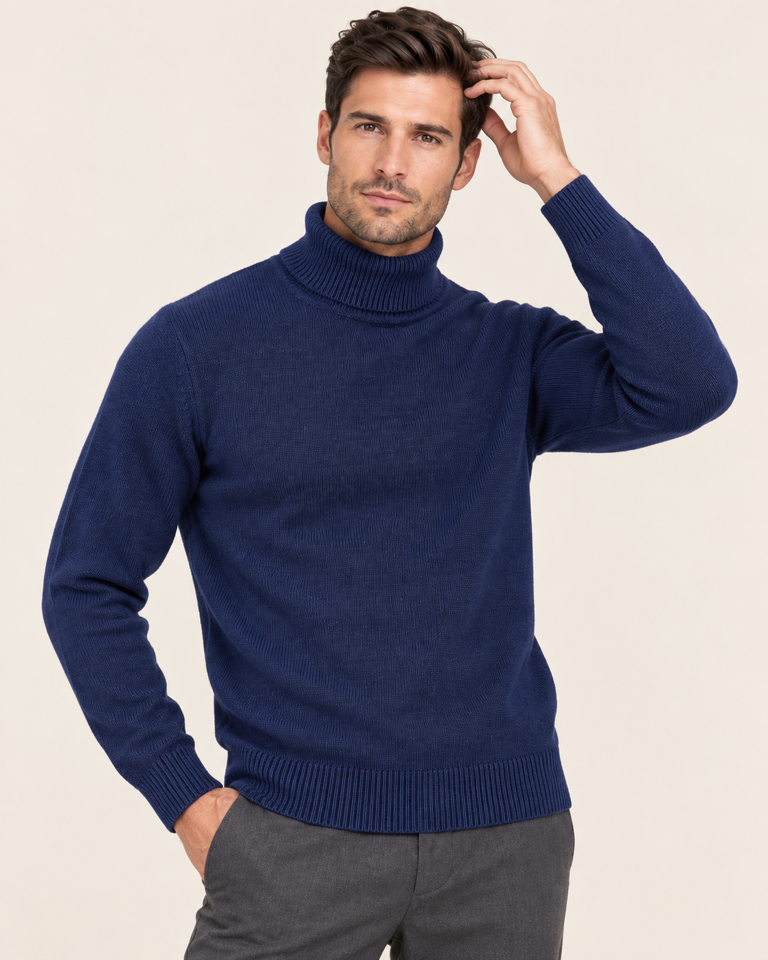 Men's Slim Fit Roll Neck Jumper with Ribbed Trims