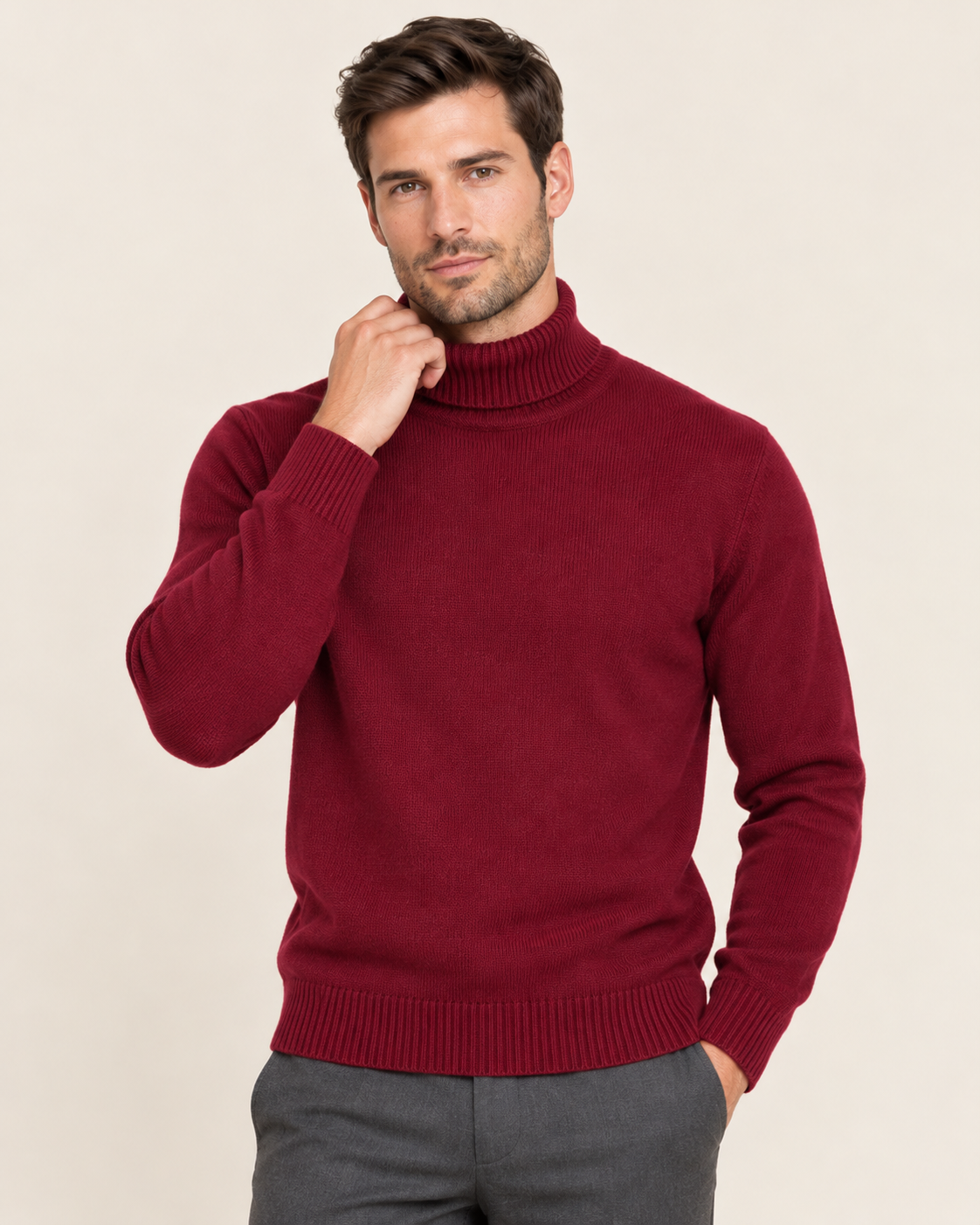Men's Slim Fit Roll Neck Jumper with Ribbed Trims