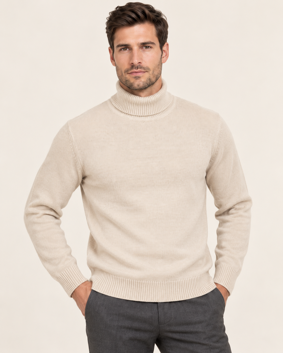 Men's Slim Fit Roll Neck Jumper with Ribbed Trims