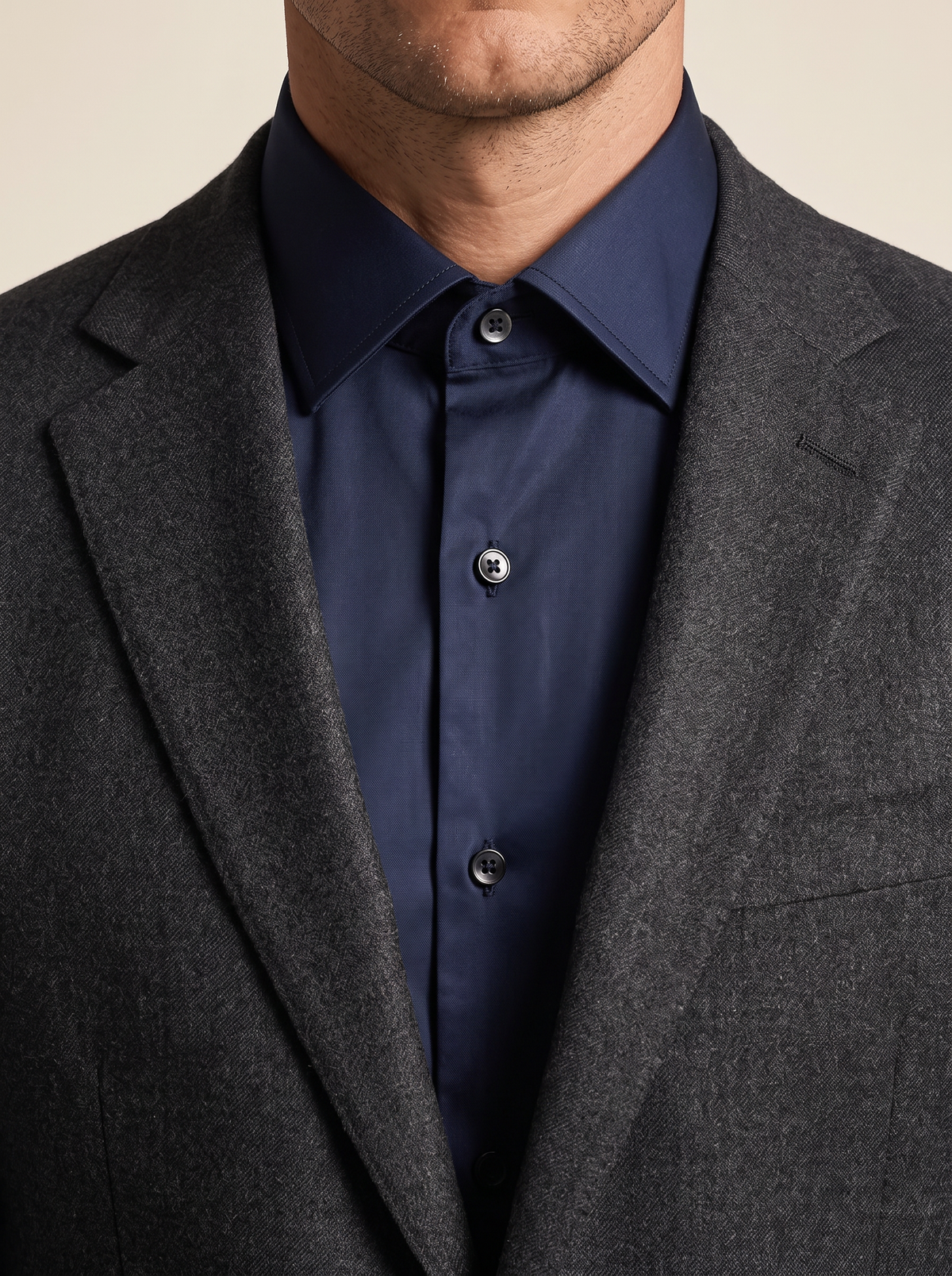 Men's Long Sleeve Slim Fit Stretch Dress Shirt in Navy worn with a grey blazer