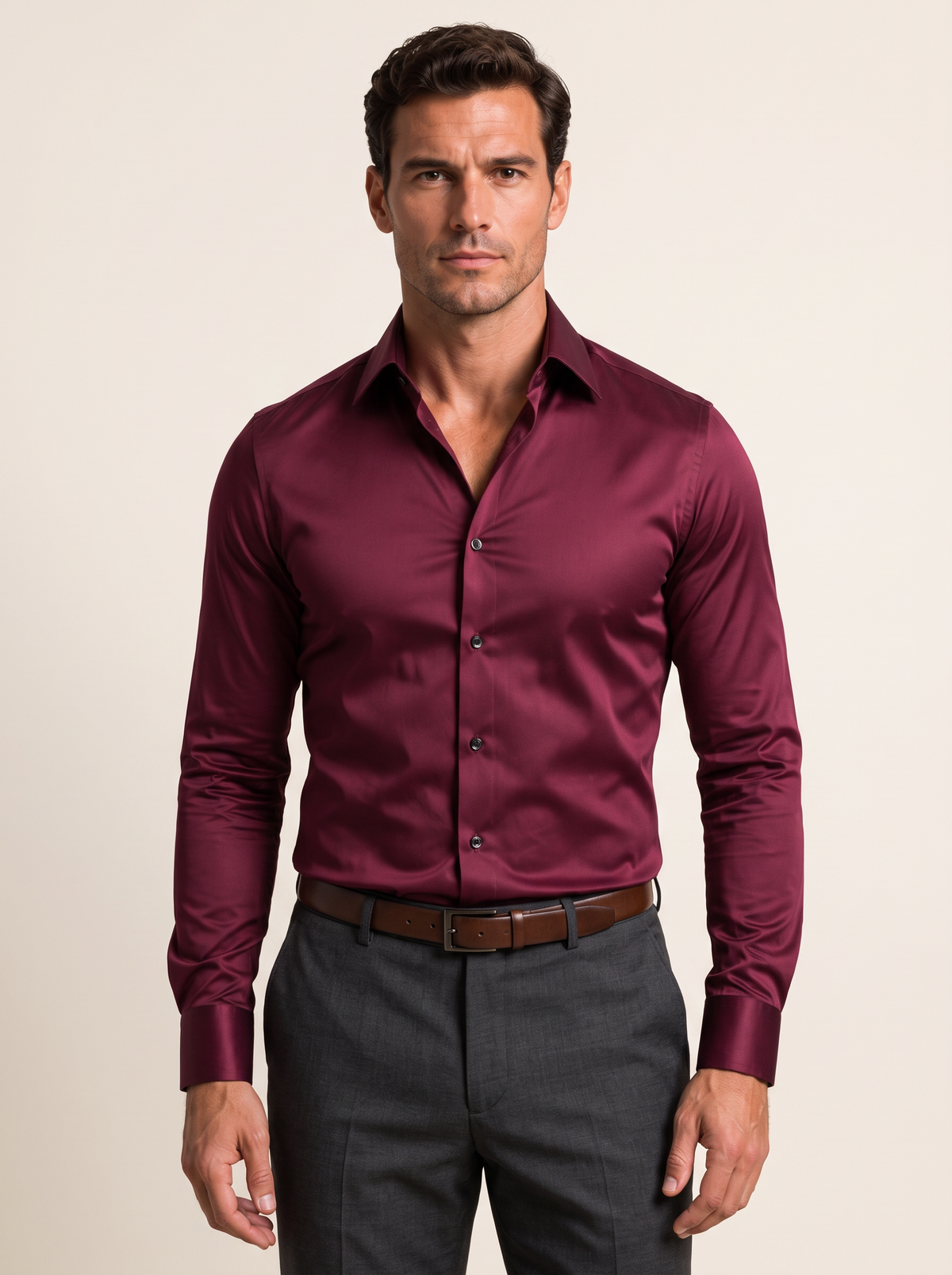 Men's Long Sleeve Slim Fit Stretch Dress Shirt in Burgundy
