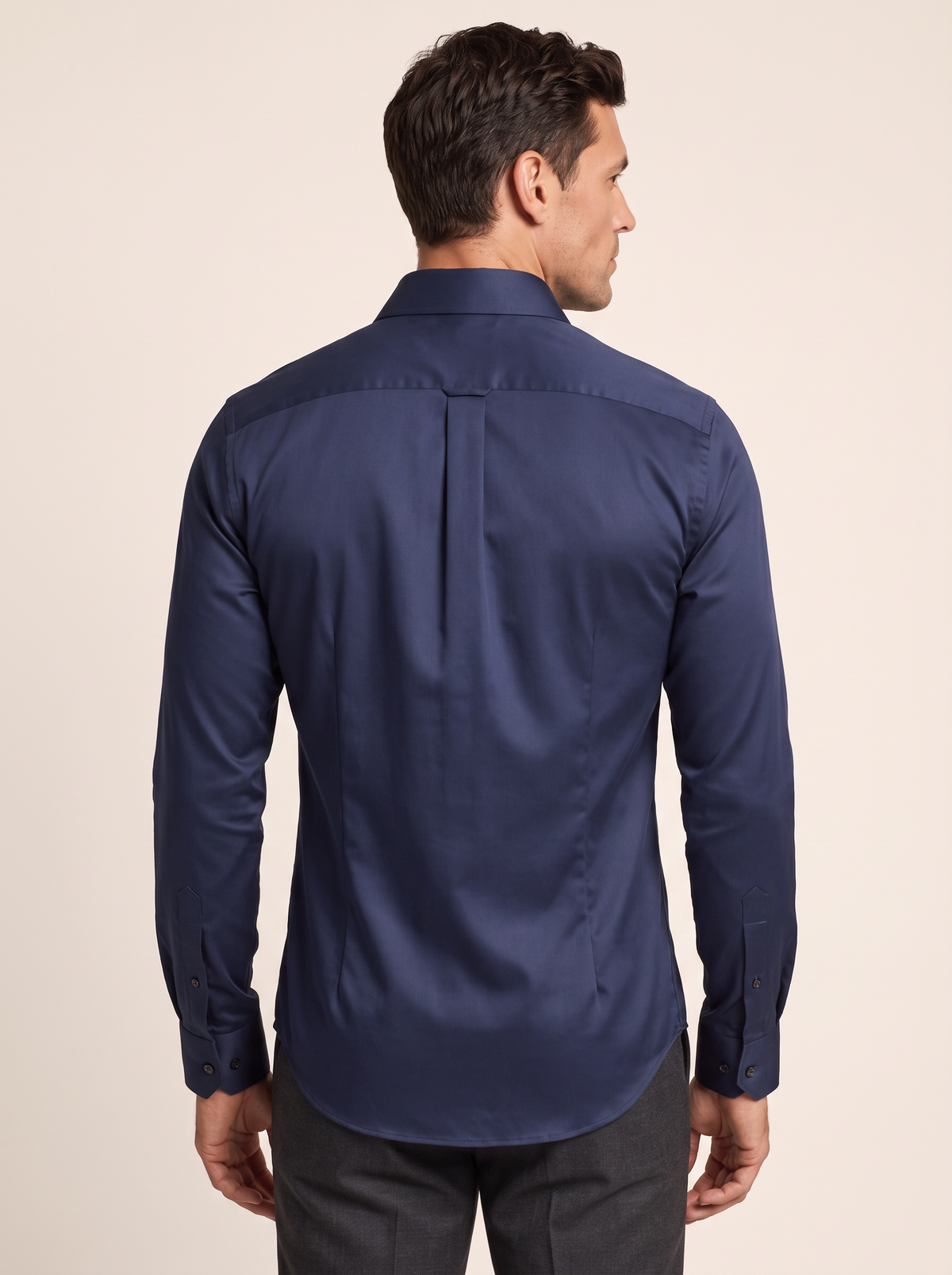 Men's Long Sleeve Slim Fit Stretch Dress Shirt in Navy back view