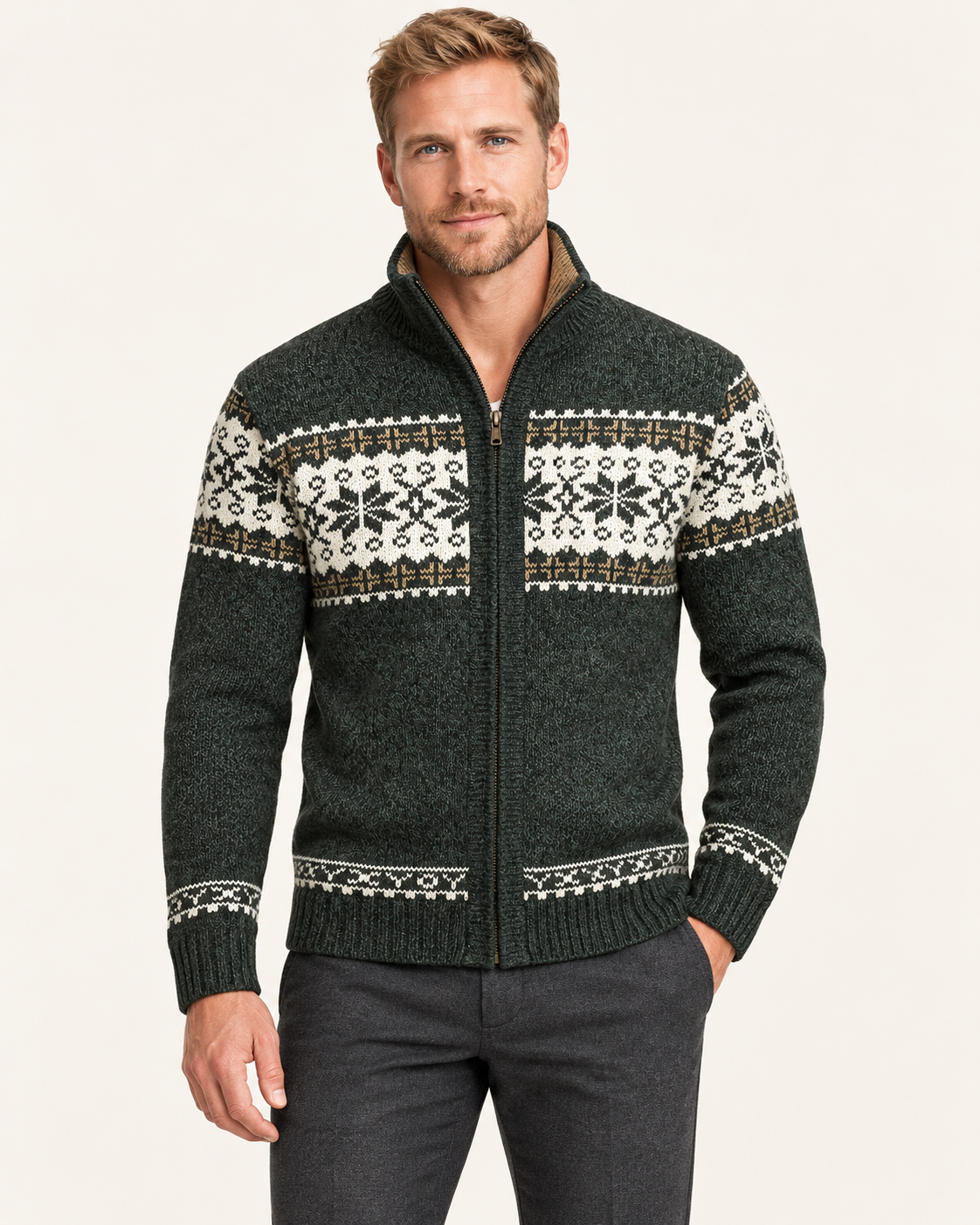 Men's Snowflake Knit Zip Up Cardigan in Dark Green