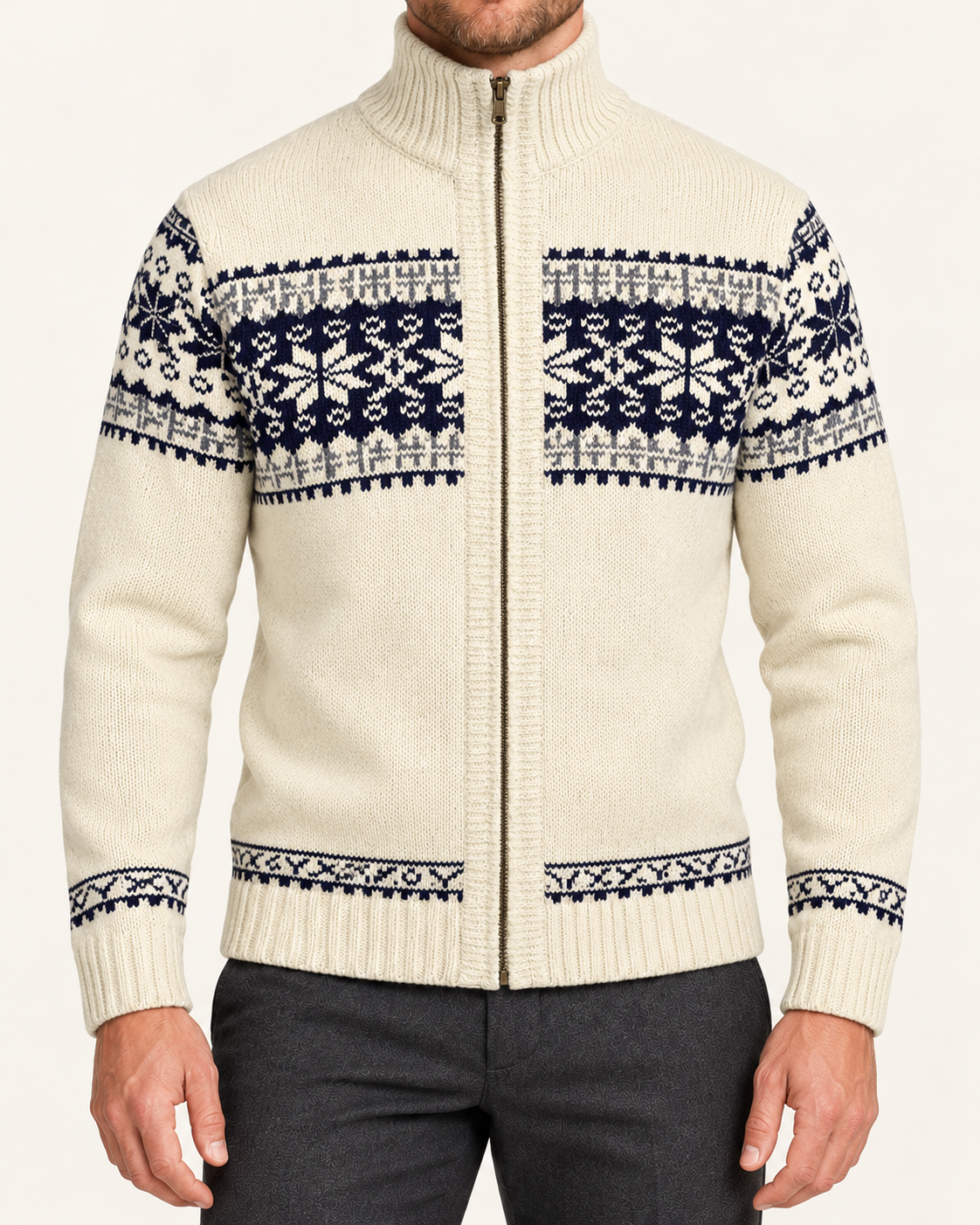 Men's Snowflake Knit Zip Up Cardigan in Cream