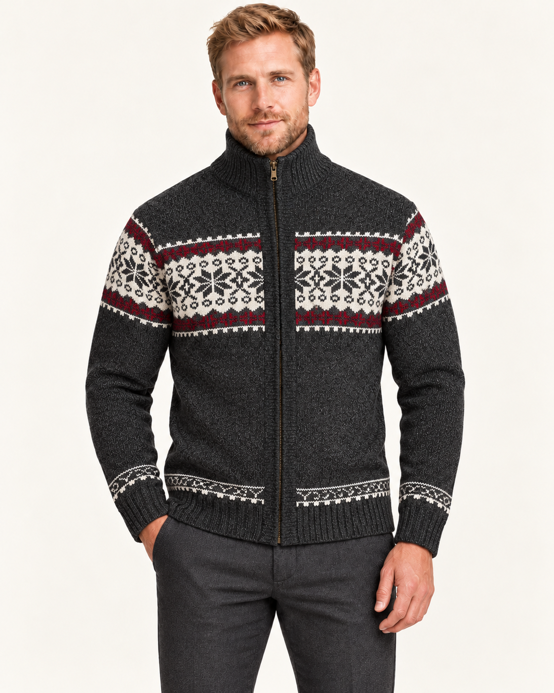 Men's Snowflake Knit Zip Up Cardigan in Dark Grey