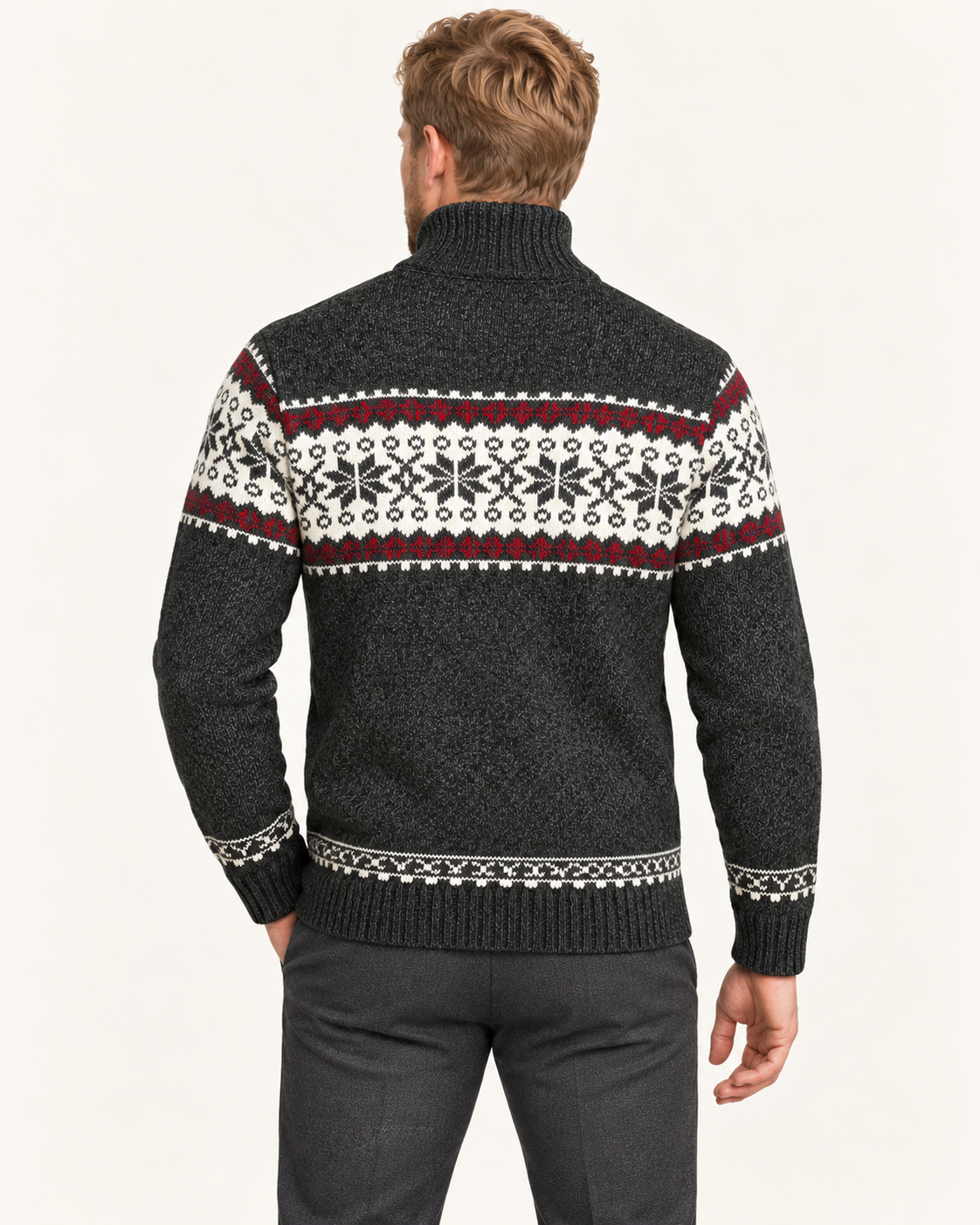 Men's Snowflake Knit Zip Up Cardigan in Dark Grey