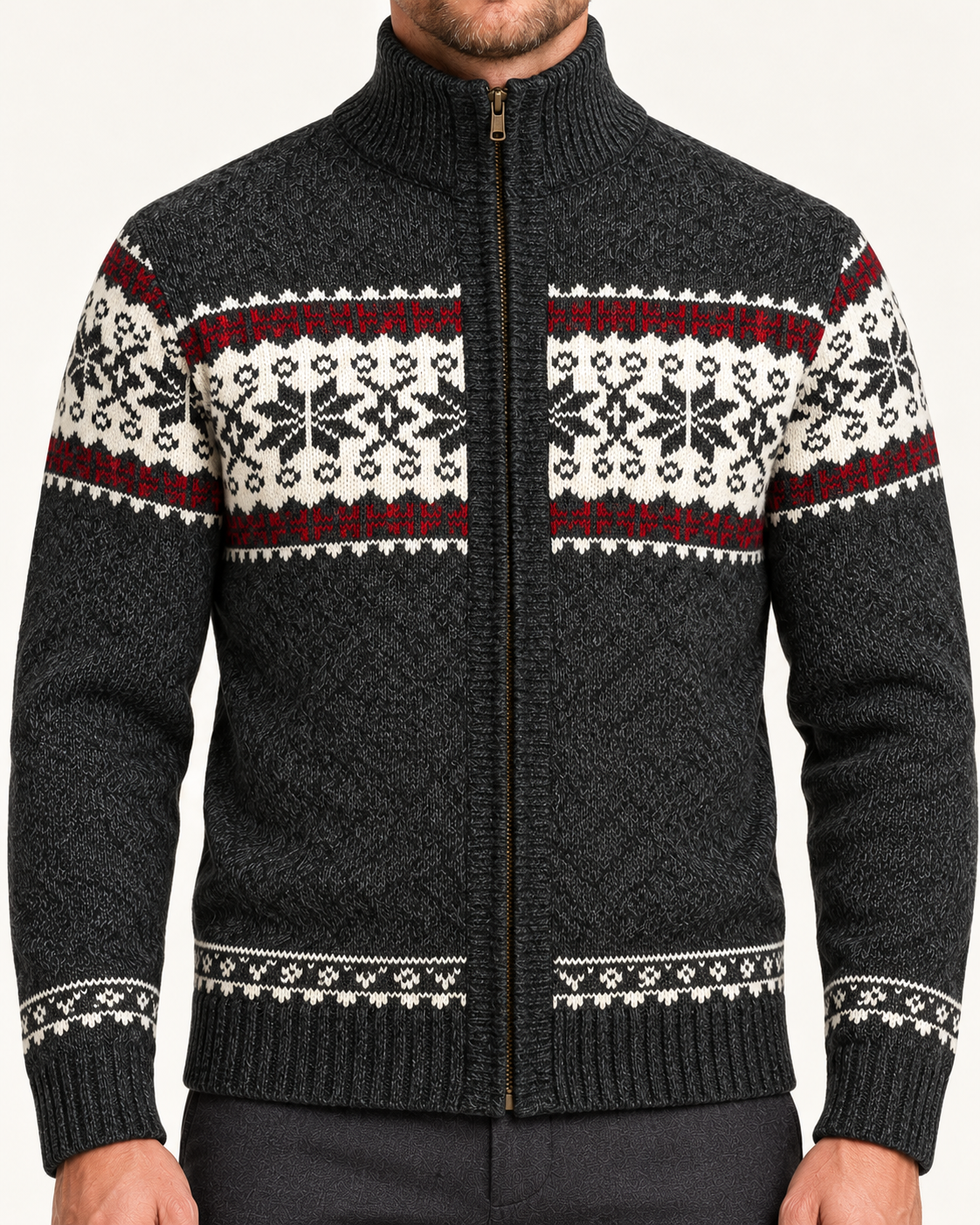 Men's Snowflake Knit Zip Up Cardigan in Dark Grey