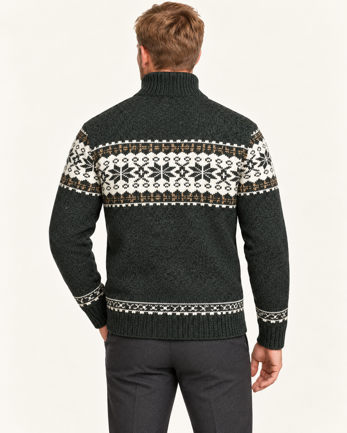 Men's Snowflake Knit Zip Up Cardigan in Dark Green