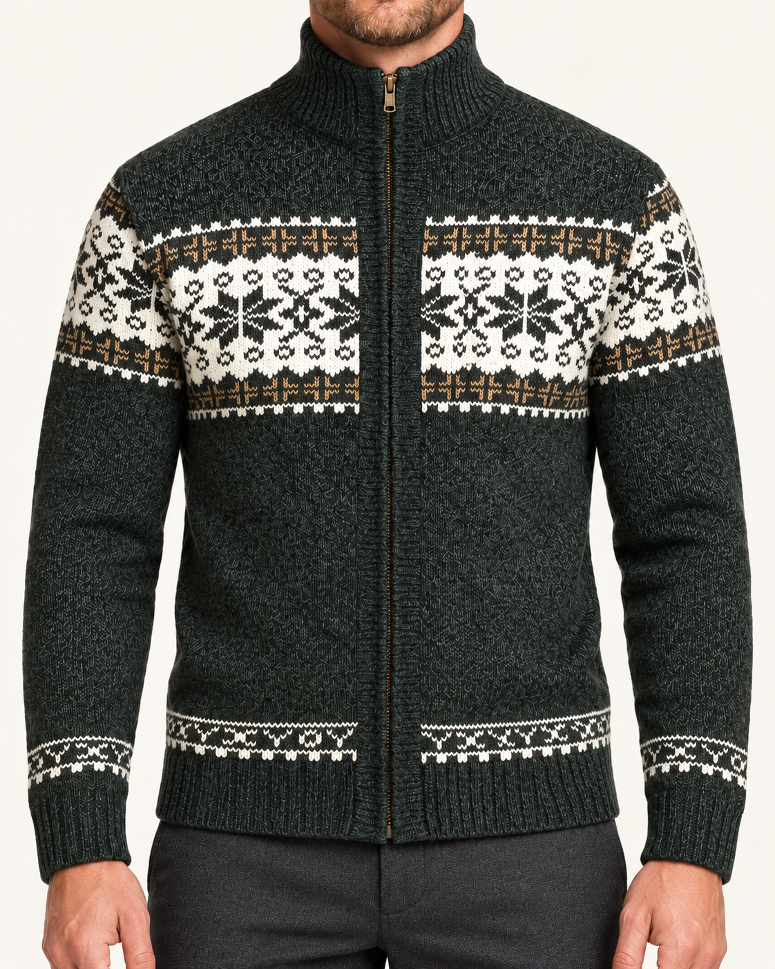 Men's Snowflake Knit Zip Up Cardigan in Dark Green
