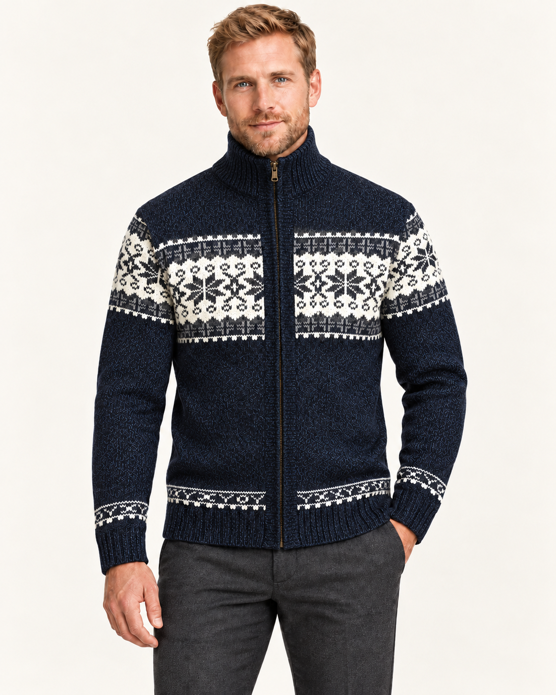 Men's Snowflake Knit Zip Up Cardigan in Navy