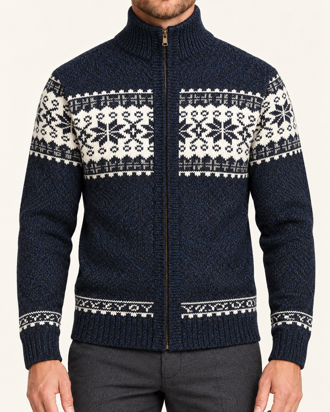Men's Snowflake Knit Zip Up Cardigan in Navy