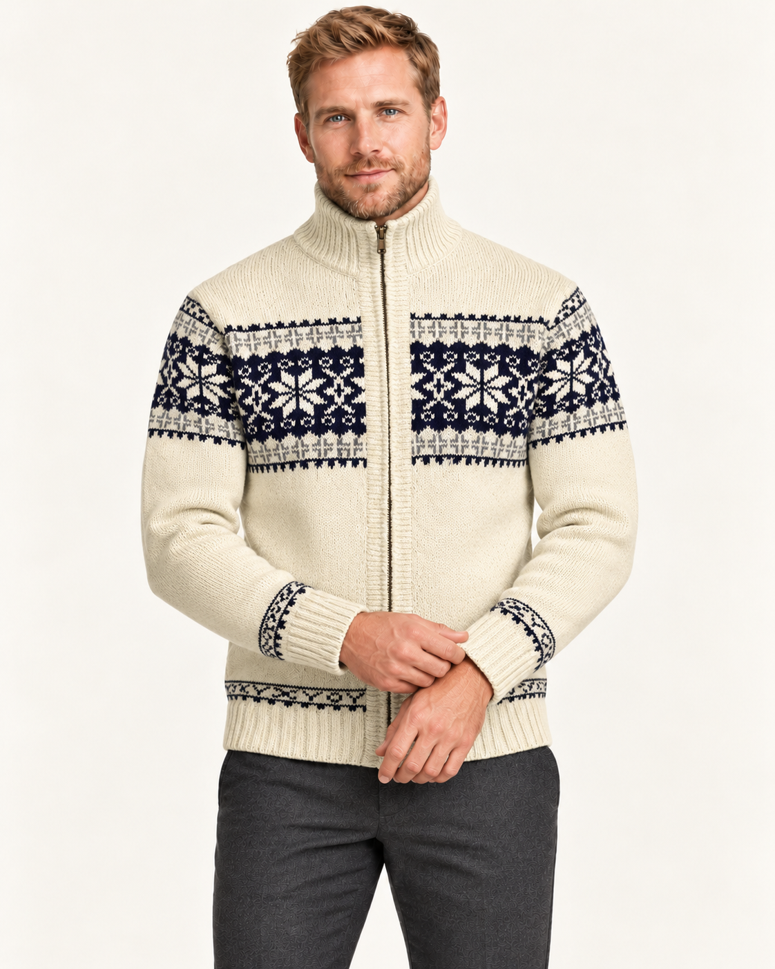 Men's Snowflake Knit Zip Up Cardigan in Cream