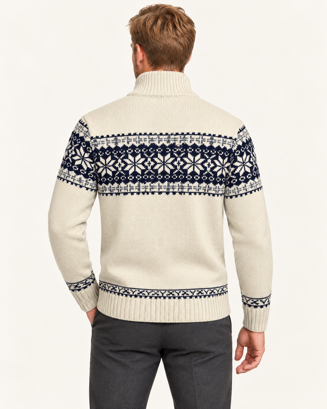 Men's Snowflake Knit Zip Up Cardigan in Cream