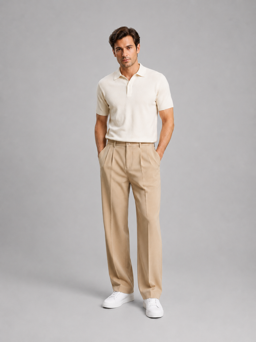 Men's Straight-Leg Trousers Tailored Front Pleats Classic Fit Smart-Casual