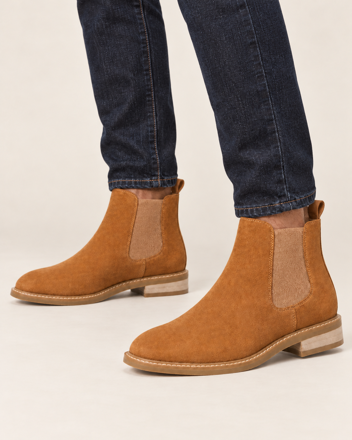 Men's Suede Look Chelsea Boots with Elastic Side Panels and Low Block Heel