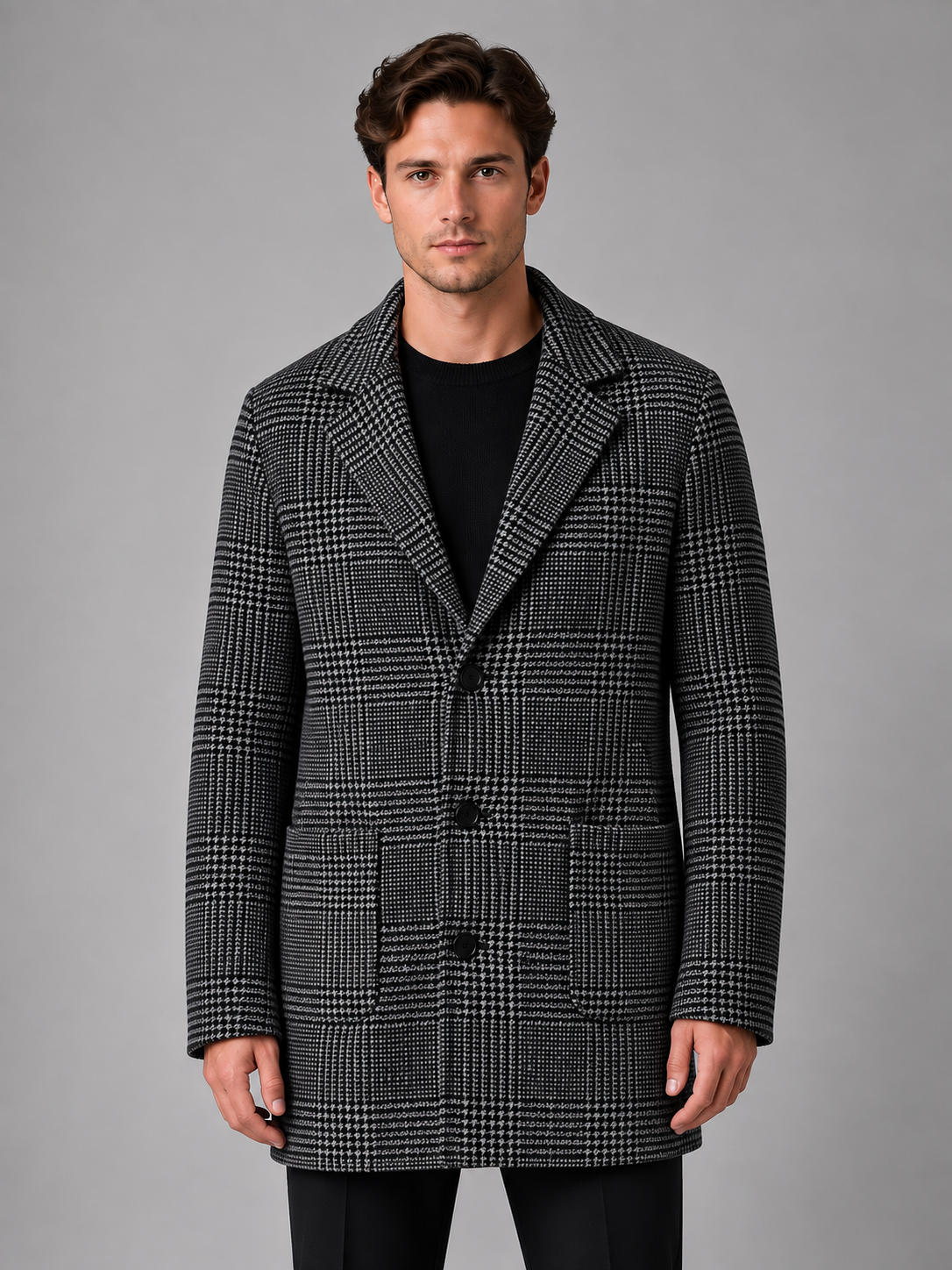 Men's Tailored Longline Overcoat Checked Single-Breasted Smart-Casual Layering