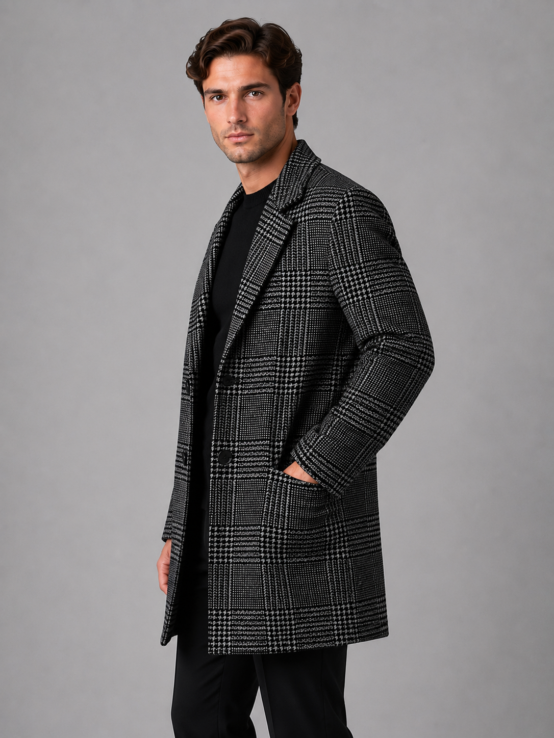 Men's Tailored Longline Overcoat Checked Single-Breasted Smart-Casual Layering
