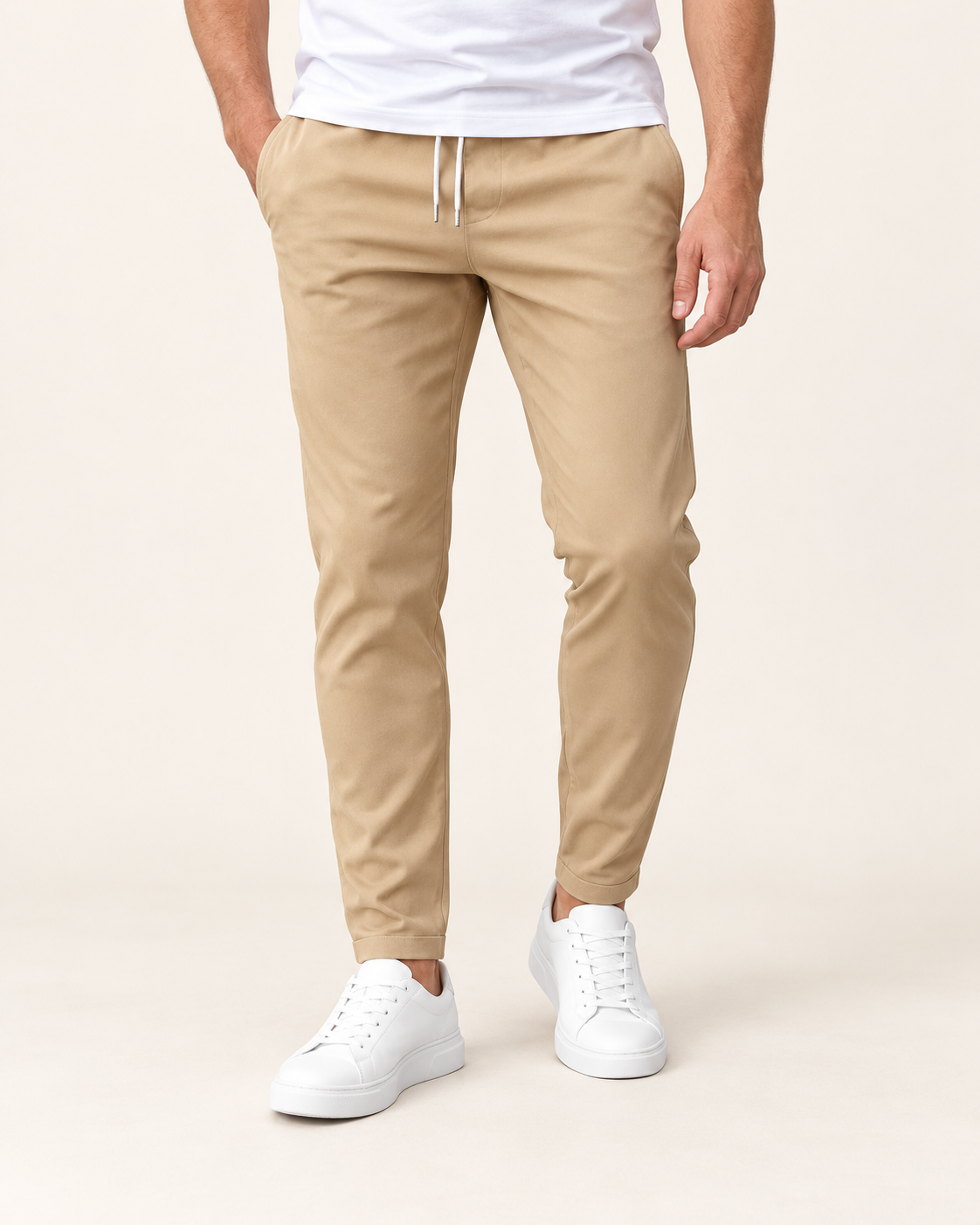 Men's Tapered Drawstring Smart Trousers in Khaki