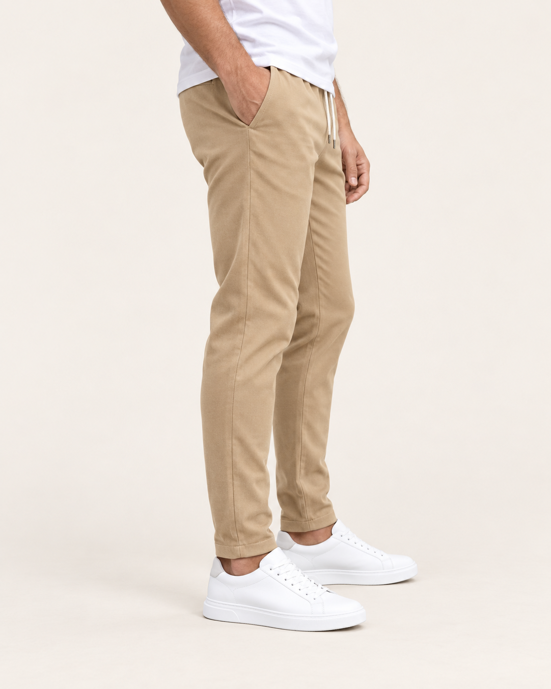 Men's Tapered Drawstring Smart Trousers in Khaki, view 3