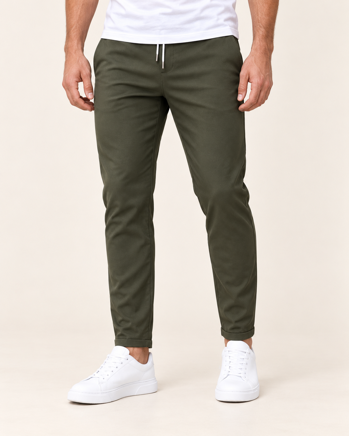Men's Tapered Drawstring Smart Trousers in Olive Green
