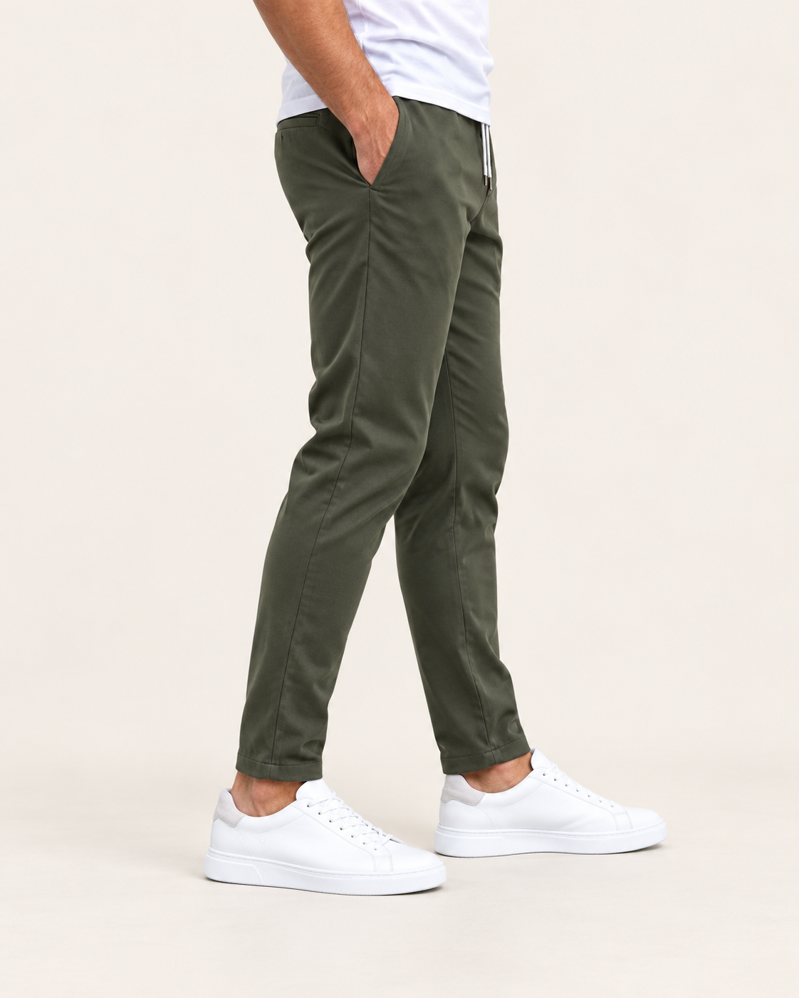 Men's Tapered Drawstring Smart Trousers in Olive Green, view 3