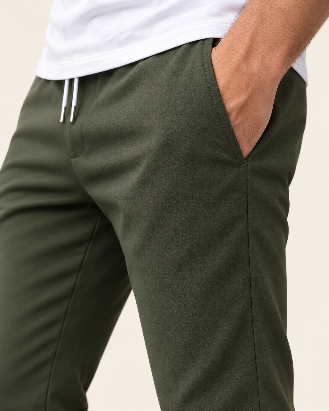 Men's Tapered Drawstring Smart Trousers in Olive Green, view 2