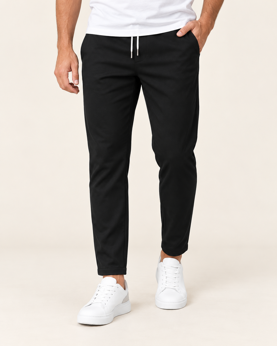 Men's Tapered Drawstring Smart Trousers in Black