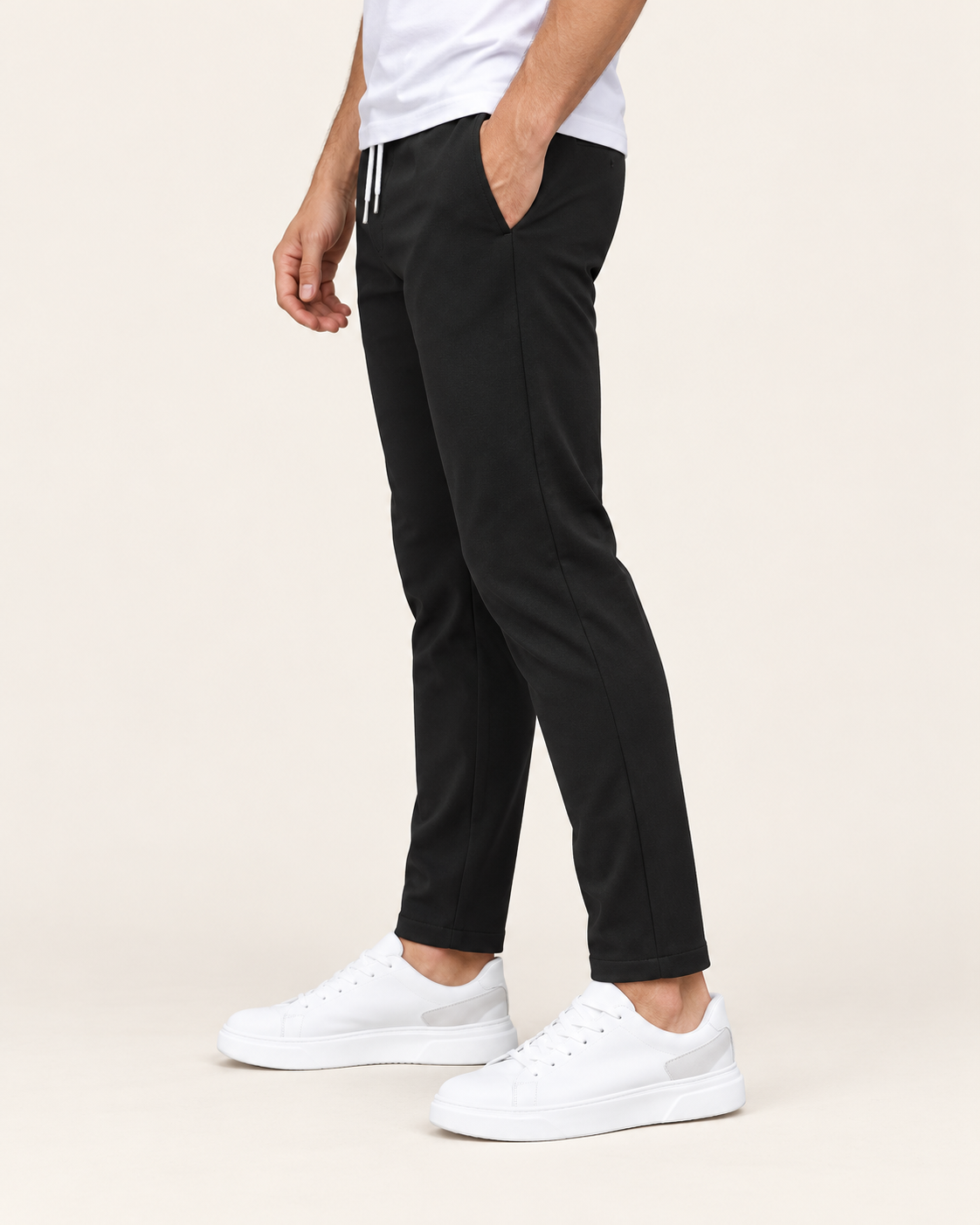 Men's Tapered Drawstring Smart Trousers in Black, view 3