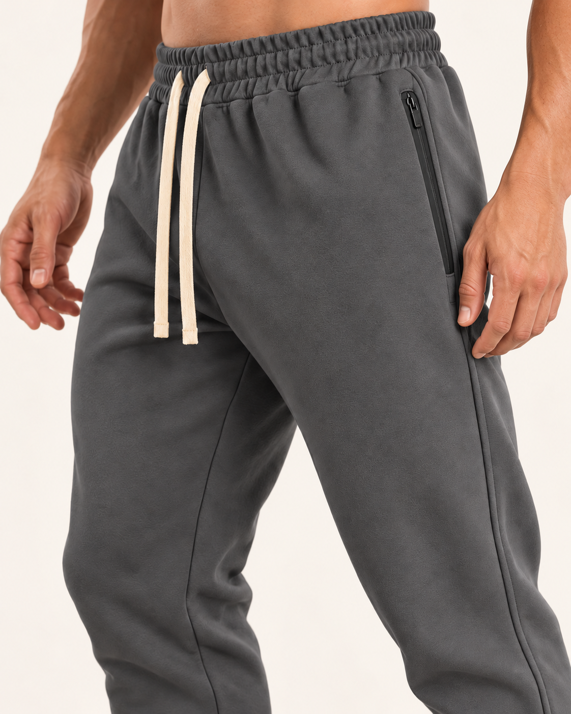 Men's Tapered Joggers With Zip Pockets in Grey, close up
