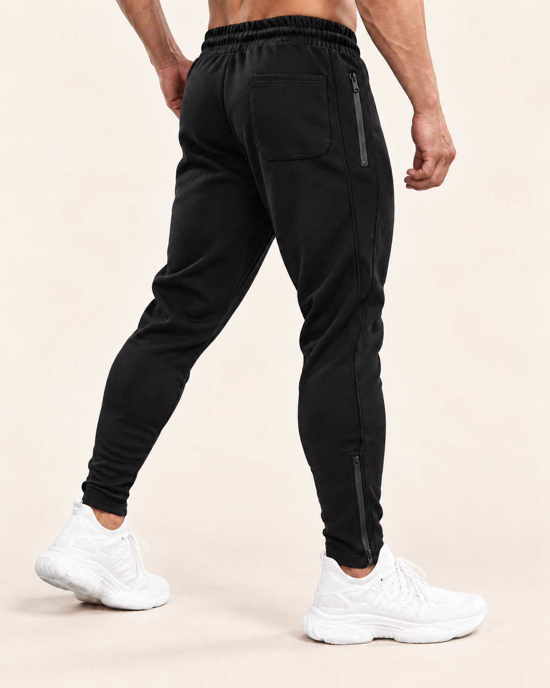 Men's Tapered Joggers With Zip Pockets in Black, back view