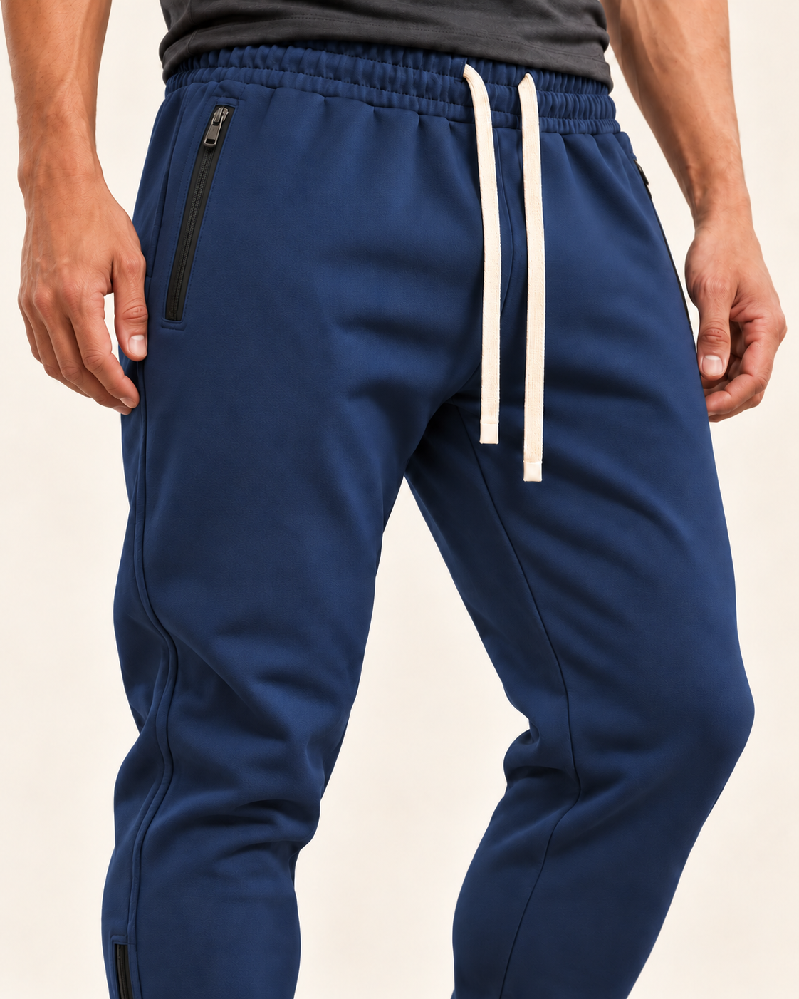 Men's Tapered Joggers With Zip Pockets in Navy, close up