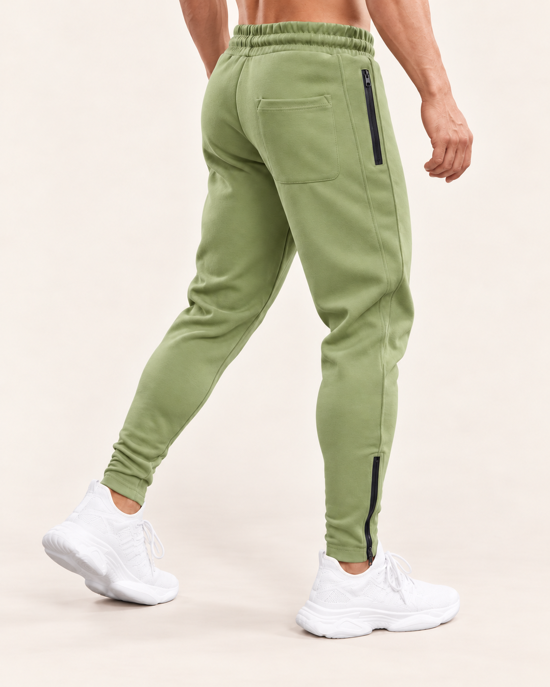 Men's Tapered Joggers With Zip Pockets in Sage Green, back view