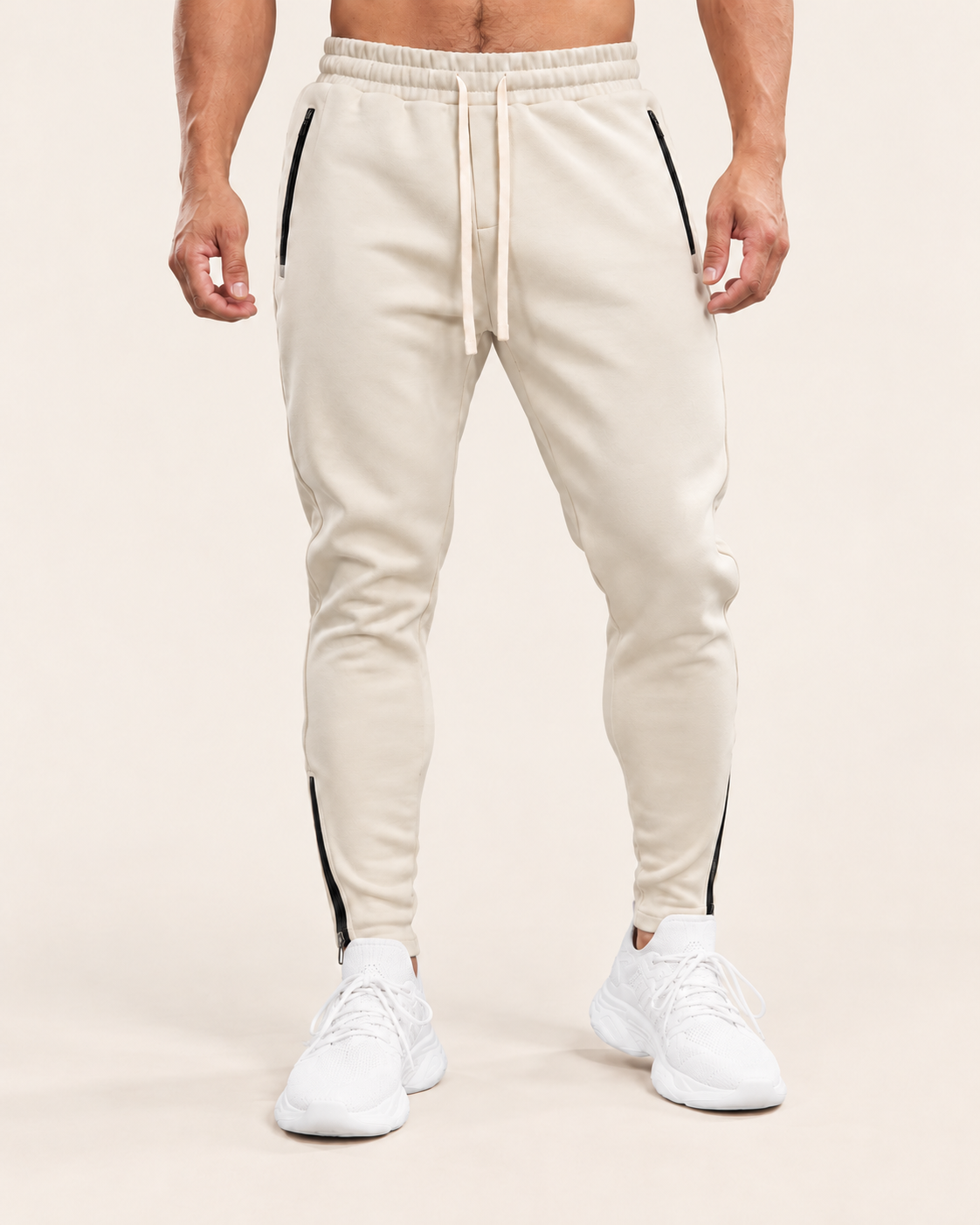 Men's Tapered Joggers With Zip Pockets in Beige