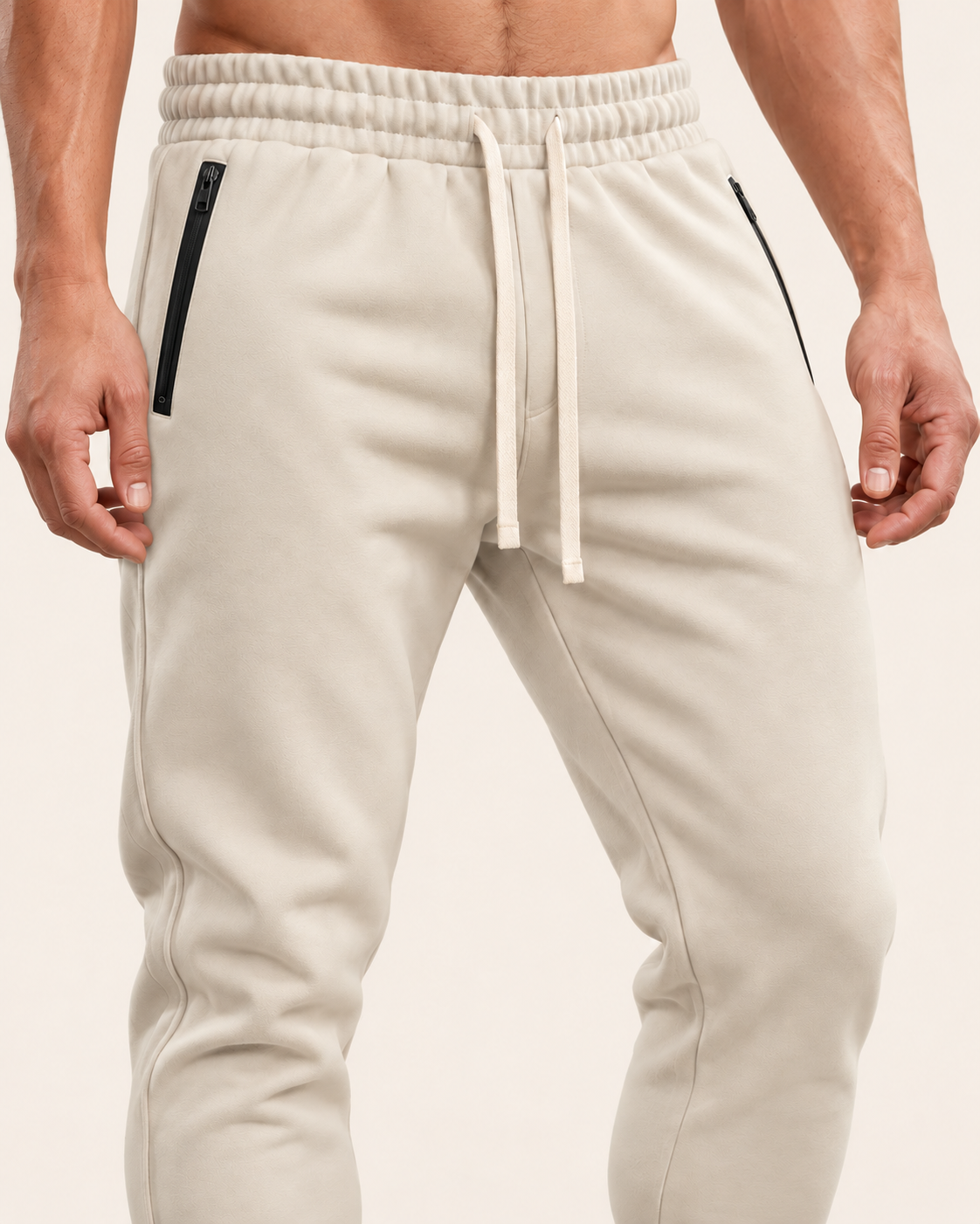 Men's Tapered Joggers With Zip Pockets in Beige, close up