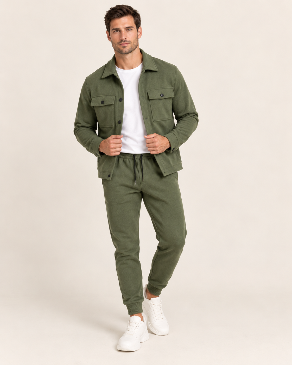 Men's Co-Ord Tracksuit Set with Button-Front Shacket and Joggers in Green