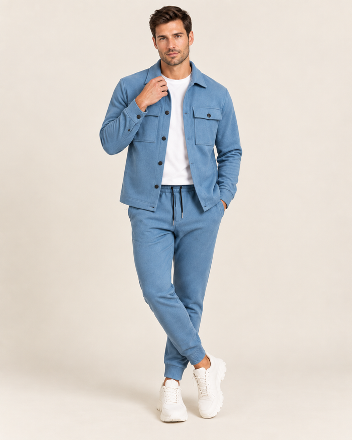 Men's Co-Ord Tracksuit Set with Button-Front Shacket and Joggers in Blue