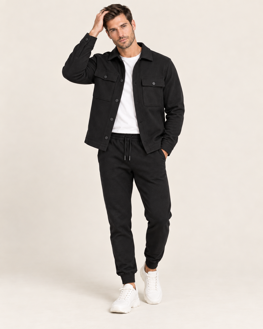 Men's Co-Ord Tracksuit Set with Button-Front Shacket and Joggers in Black