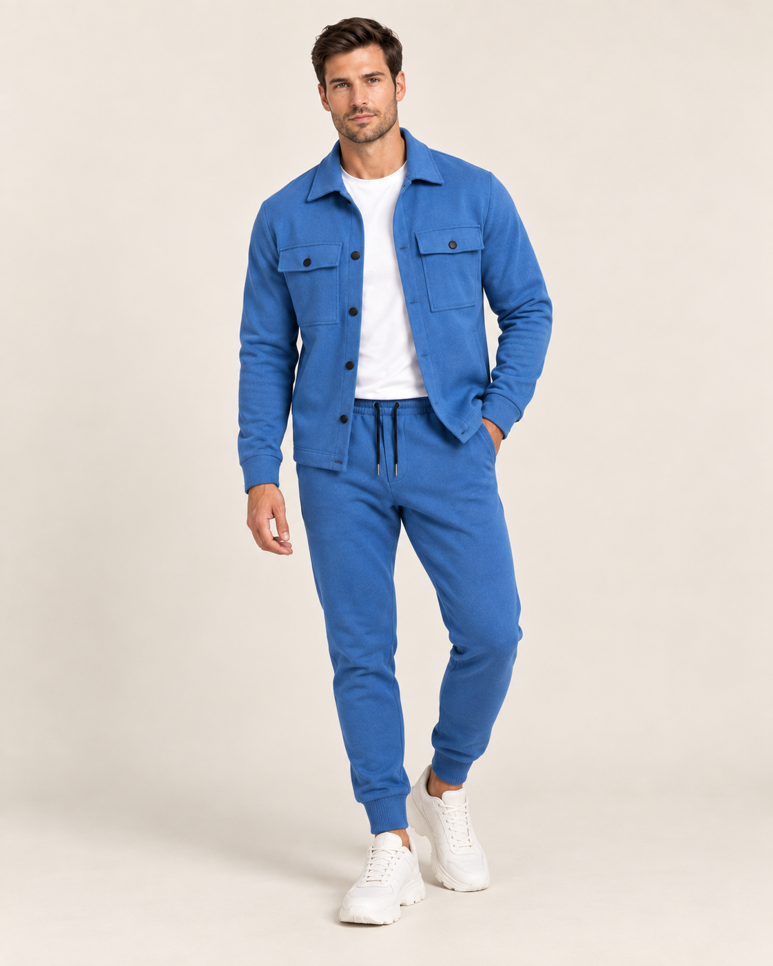 Men's Co-Ord Tracksuit Set with Button-Front Shacket and Joggers in Navy