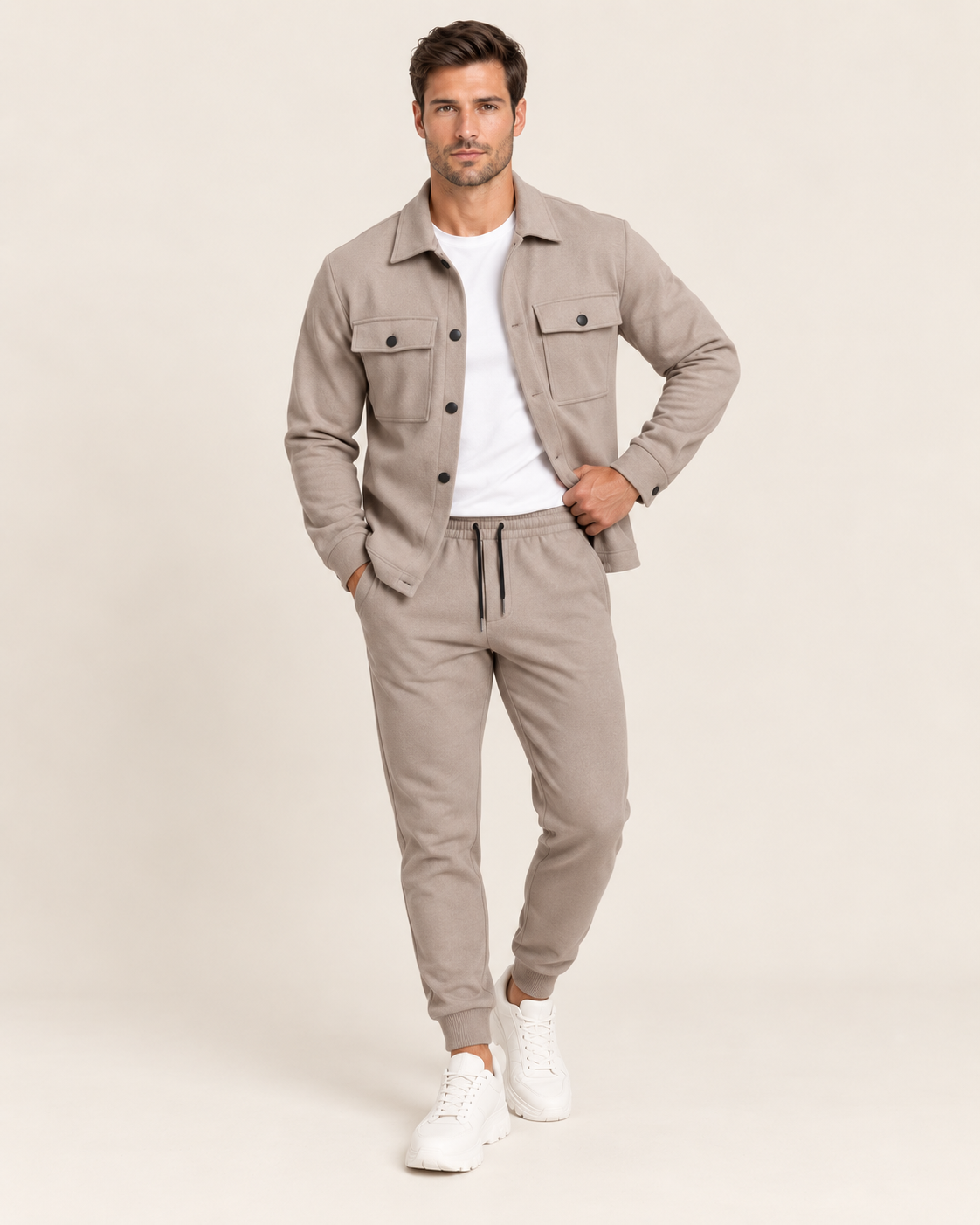 Men's Co-Ord Tracksuit Set with Button-Front Shacket and Joggers in Beige