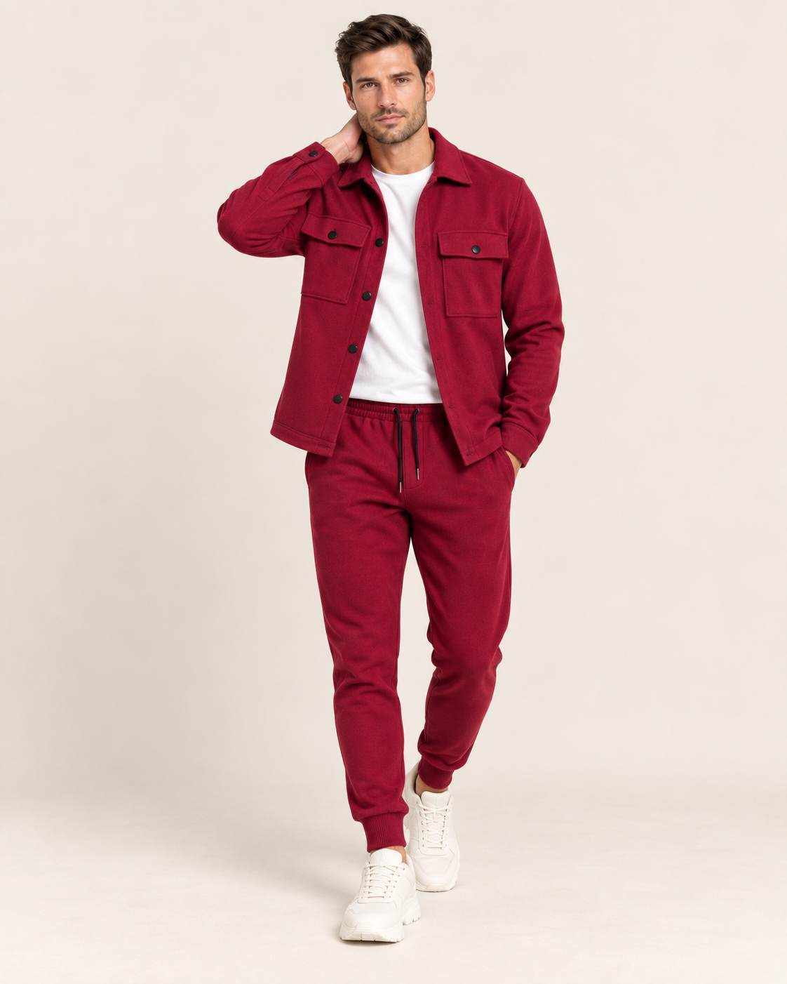 Men's Co-Ord Tracksuit Set with Button-Front Shacket and Joggers in Red